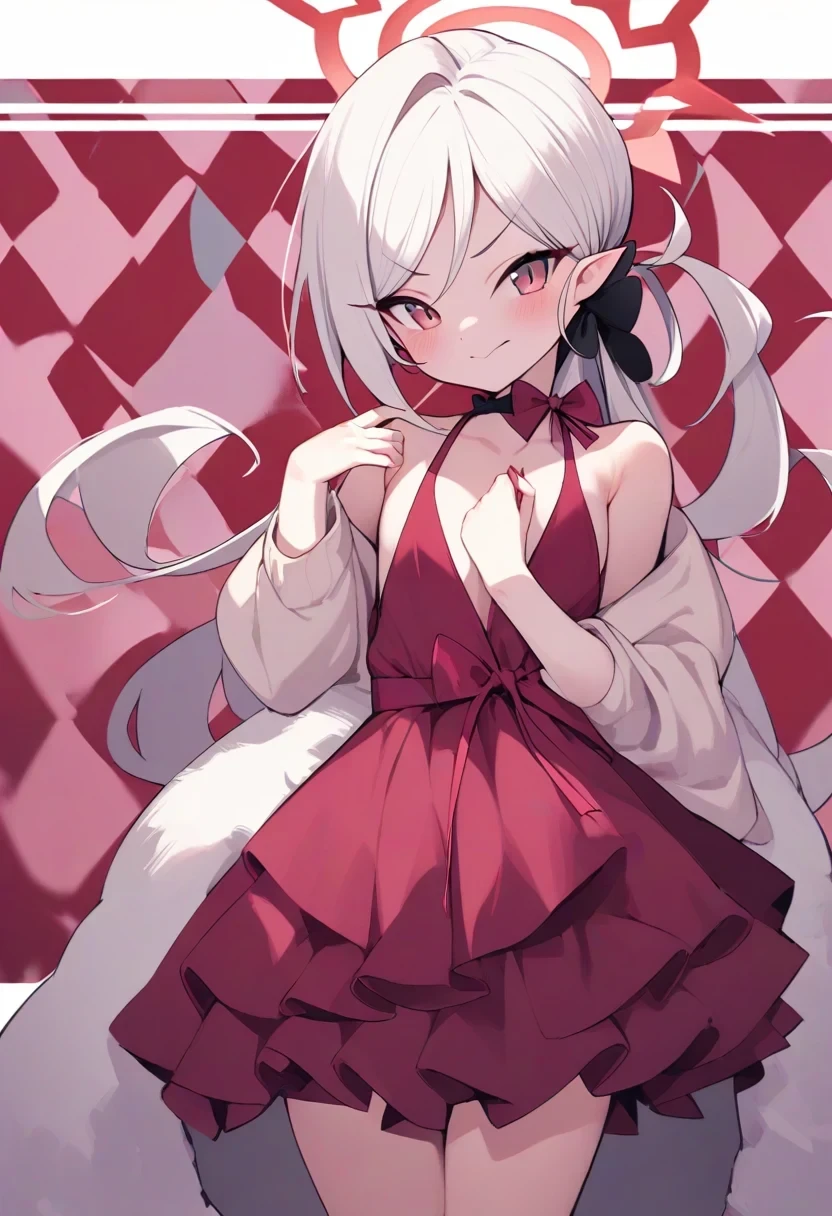 <lora:ps68_dress_v7:1>1girl, mutsuki \(dress\) \(blue archive\), halo, simple background, checkered background, looking at viewer, cowboy shot, red dress