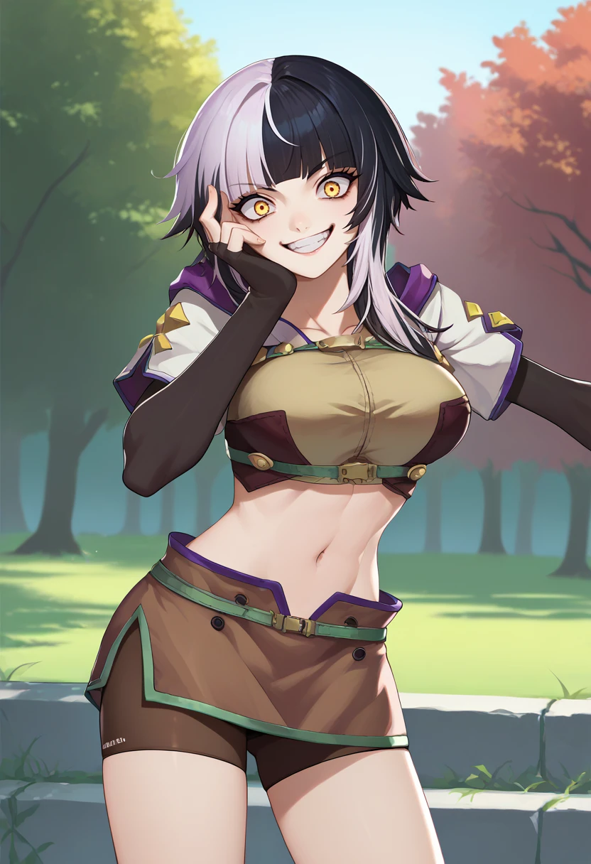 score_9, score_8_up, score_7_up, source_anime, solo, 1girl, ShioriNovella, crazy smile, looking at viewer, standing, hand on own face, split-color hair, white hair, black hair, yellow eyes, ragnarokhunter, white jacket, brown shirt, crop top, short sleeves, elbow gloves, fingerless gloves, brown skirt, miniskirt, shorts under skirt, brown shorts, bike shorts, midriff, large breasts, outdoors <lora:attire_ro_hunter_ponyXL:1> <lora:ChamShioriNovella:1>