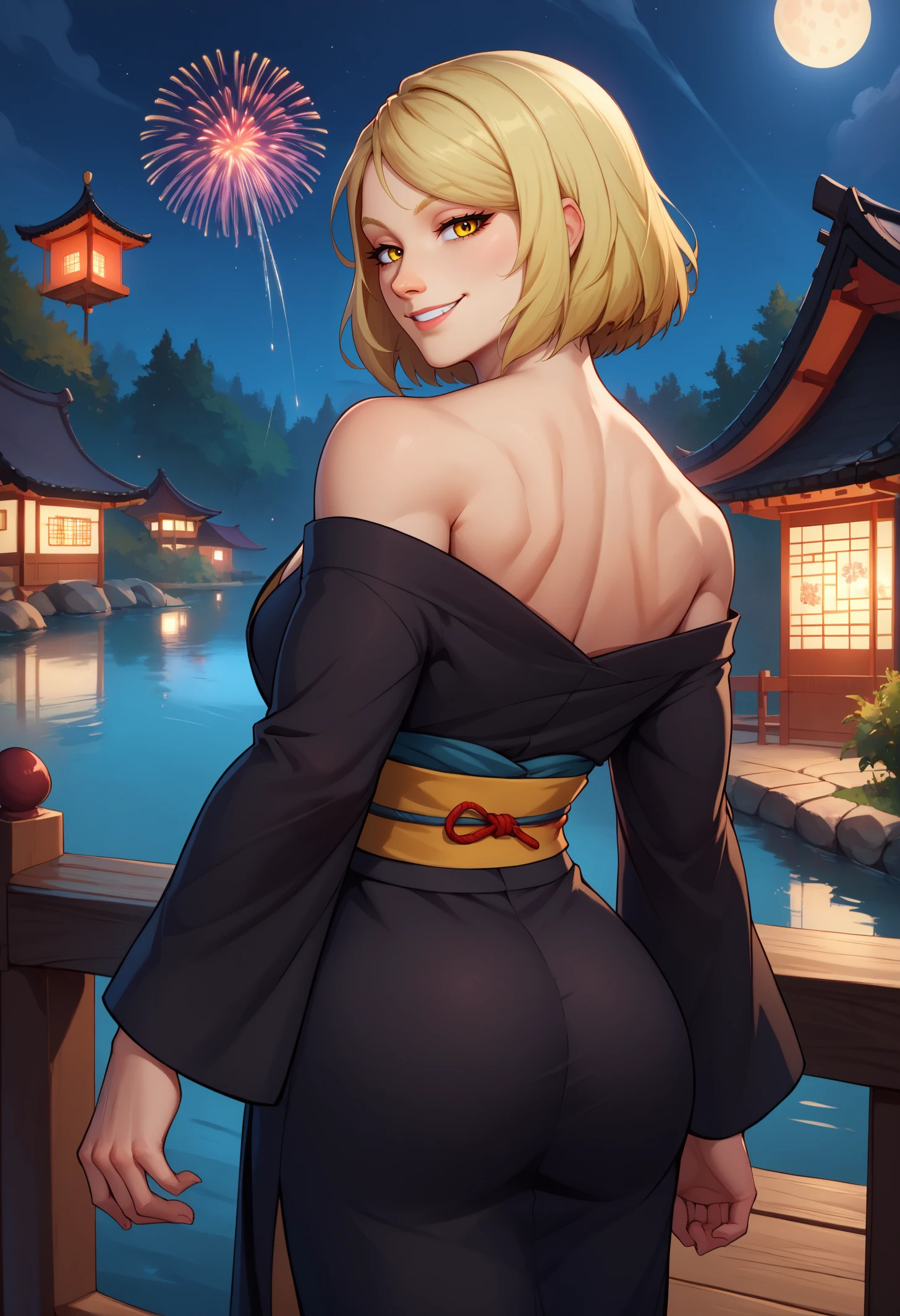 score_9, score_8_up, score_7_up, BREAK 1girl, solo, LanaBeniko, yellow eyes, medium hair, blonde hair, <lora:LanaBenikoPDXL_V1-Manityro-CAME:1.0>, outdoors, night, dark, moon, fireworks, river, wooden bridge, east asian architecture,
looking at viewer, smile, bedroom eyes, toned, biceps,
black kimono, rear view, back, off shoulder, looking back