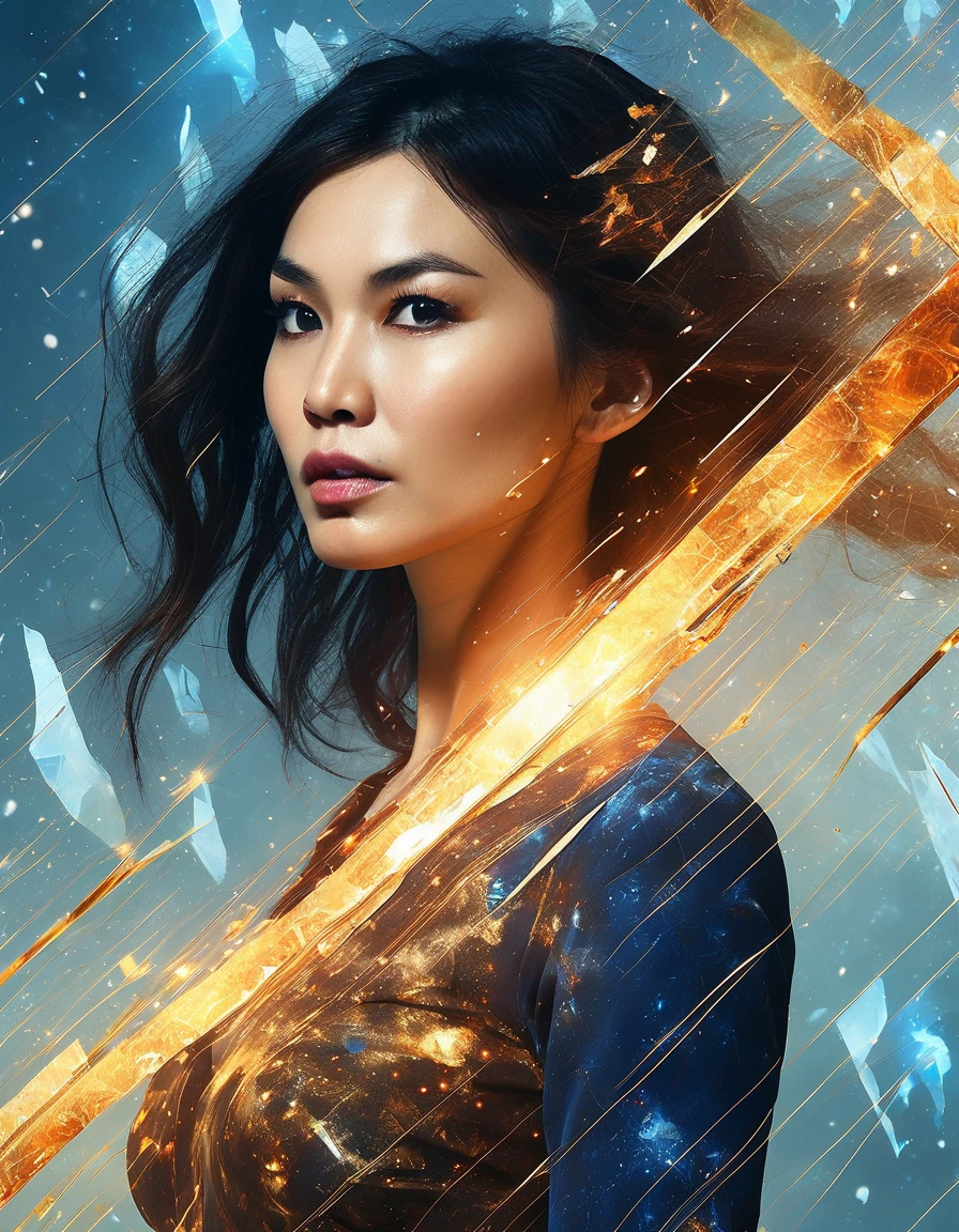 <lora:Gemma Chan v3:1.0>,  ((gmmchnsrsi woman)),  glass shards, fire, dancing energy motes, space fragmentation, rmessy hair, serious, glowing hand, surreal, upper body, dynamic pose, Travel through time and space, blue gold theme, ultra highres, sharpness texture, High detail RAW Photo, detailed face,