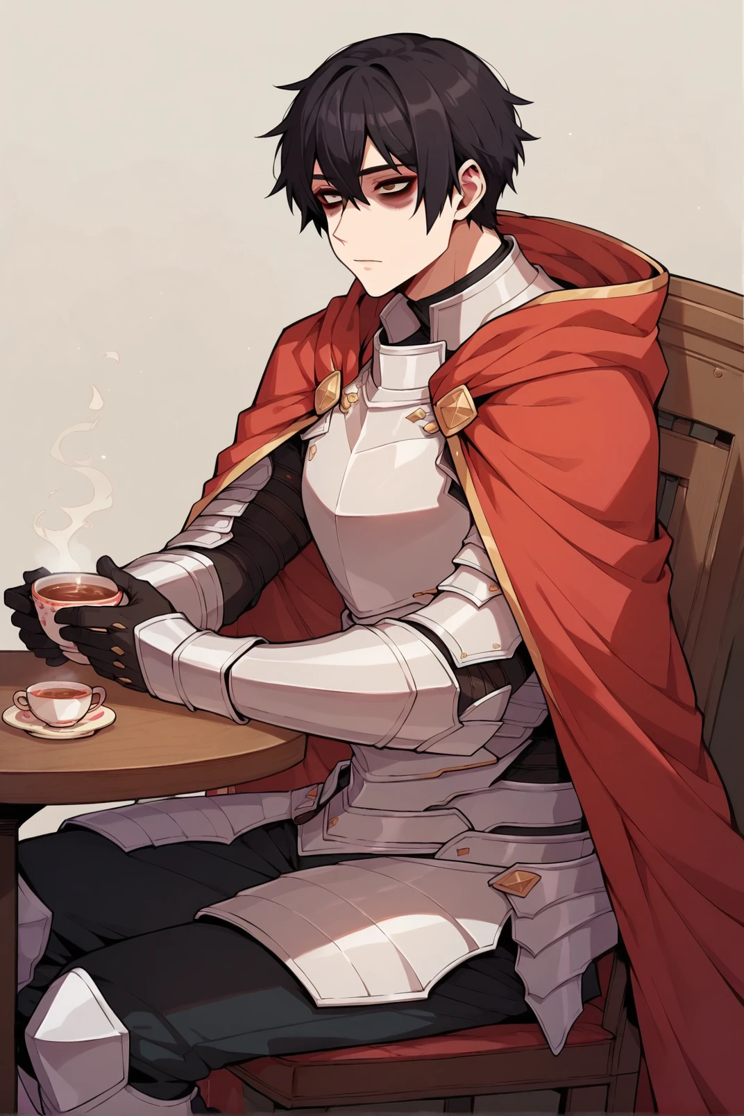 1boy, kim_minsu, bags under eyes, black hair, bangs, red cape, armor, shoulder armor, breastplate, <lora:Kim Minsu _Hero has Returned Pony XL-000002:0.8>, sitting on chair, holding cup of tea, score_9, score_8_up, score_7_up,