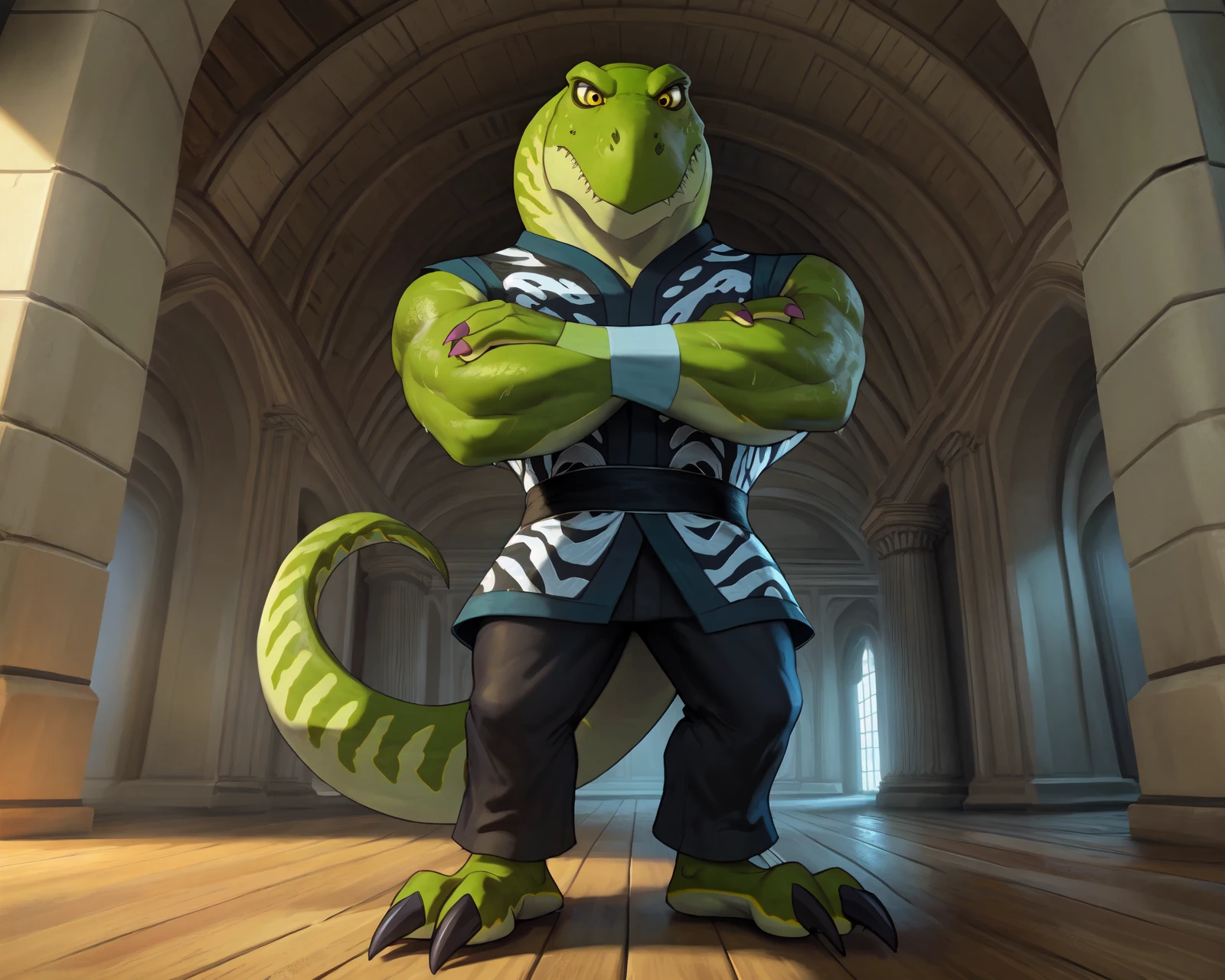 this photograph depicts a kan3 just standing there silently judging you, kan3, scalie, reptile, anthro,crossed arms, feet,claws,head tilt, low-angle view, looking at viewer, male,solo, 2 toes, 3 fingers, depth of field, foreshortening, wristband, detailed eyes, black pupils, sharp yellow eyes,black topwear, blue wave pattern print, black bottomwear, scales, detailed scales, sweat, sharp teeth, cinematic lighting, symmetrical,4k, hi res, insanely detailed, detailed background, inside, realism shading,natural light,realistic, realism, photorealistic, photorealism, by lynncore, by k0bit0wani, by zourik, <lora:kan3_YM:0.9>