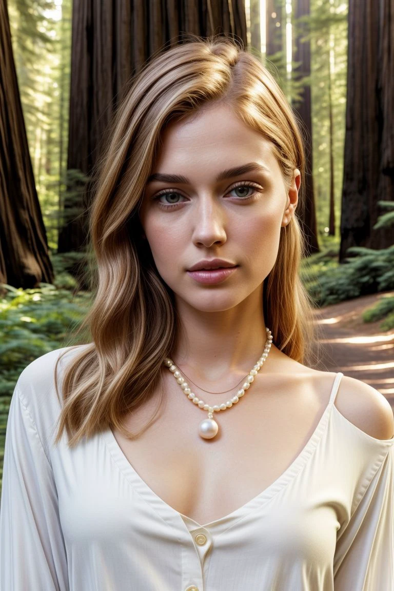 European woman, closeup, (shirt), pants, (california redwoods), pearl necklace , ZM_debora , wide shoulders, perfect face, (contact iris: 1.1), pale skin, skin pores , depth of field
