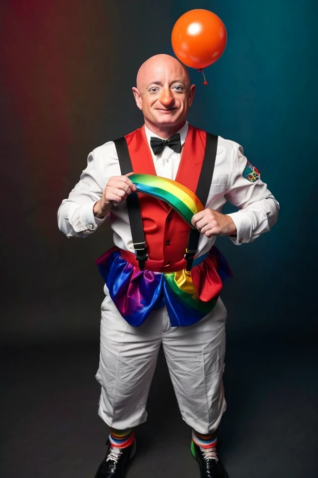 mark kelly <lora:senate_006_mark_kelly:0.65> , face closeup, face focus, shirt, formal, suit, collared shirt, white shirt, jacket,
Dressed in full clown regalia, with a red nose, oversized shoes, and rainbow suspenders, juggling several large balls,
best quality, masterpiece, HDR, professional, studio quality, highres,