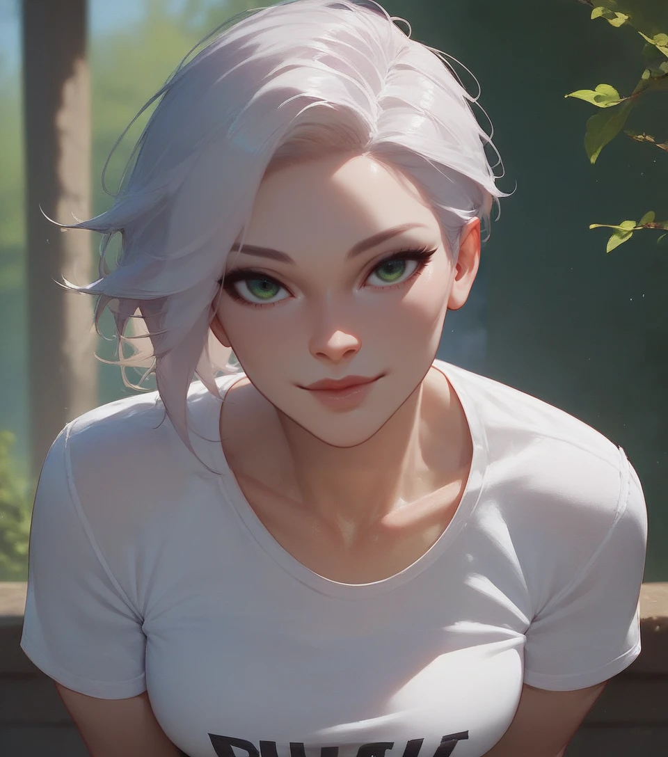 score_9, score_8_up, score_7_up, Score_6_up, Score_5_up, Score_4_up, Runa, 1girl, solo, white hair, athletic, green eyes, background, outdoors, backlight, smile, t-shirt, looking at viewer, upper body, leaning forward,  <lora:Runa:0.8>