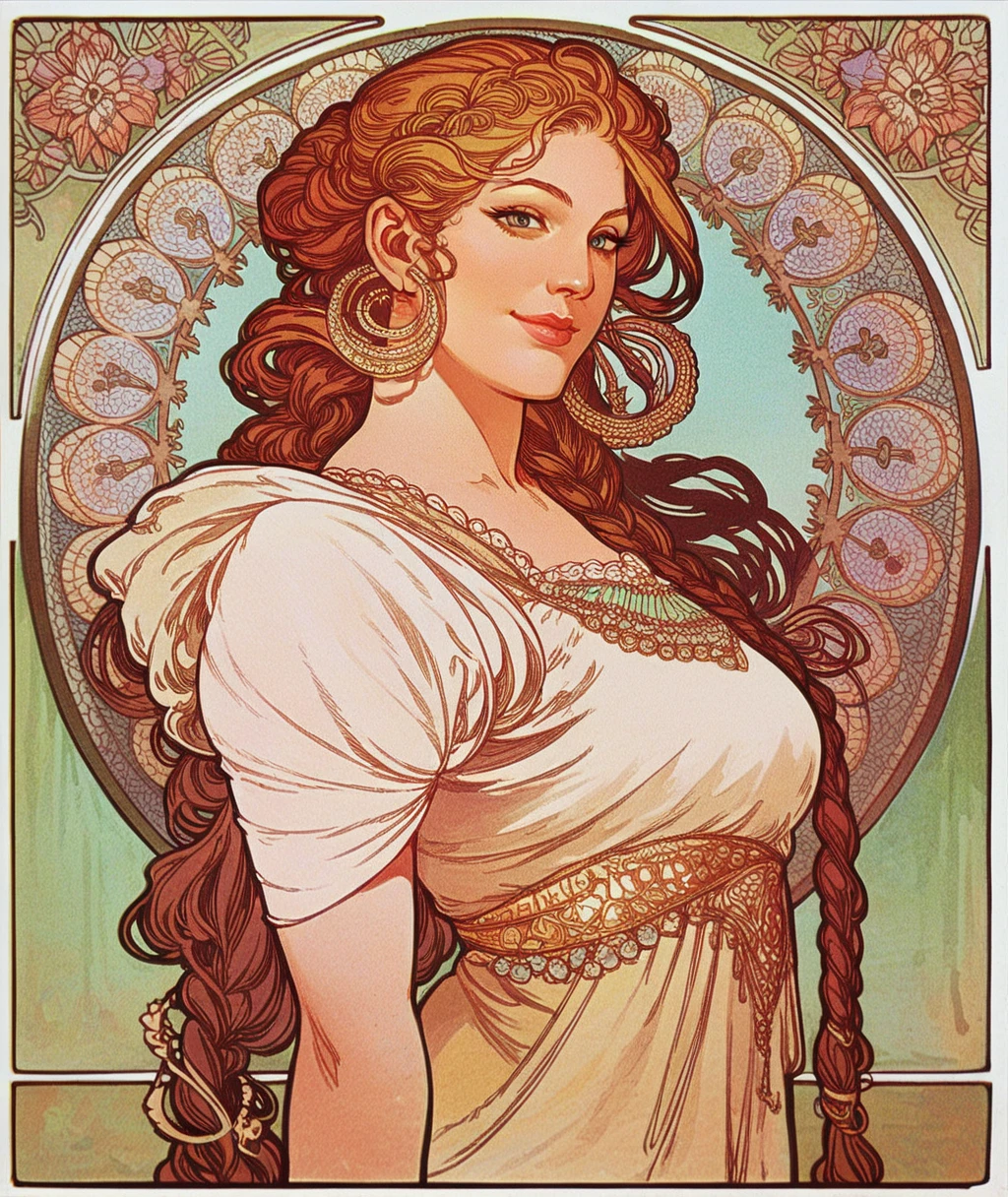 score_9, score_8_up, score_7_up, score_6_up, score_5_up,  BREAK art nouveau,portrait, flower,very long hair, braided hair,looking at viewer, smile, dress, jewelry , 1girl ,profile, large breasts,   