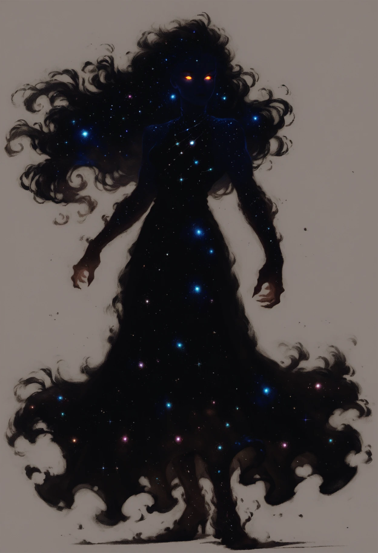 (score_9_up, score_8_up:1.2), score_7_up, high spren, 1girl, glowing eyes, silhouette, long hair, dress, galaxy, space, <lora:High_Spren-000006:0.8>