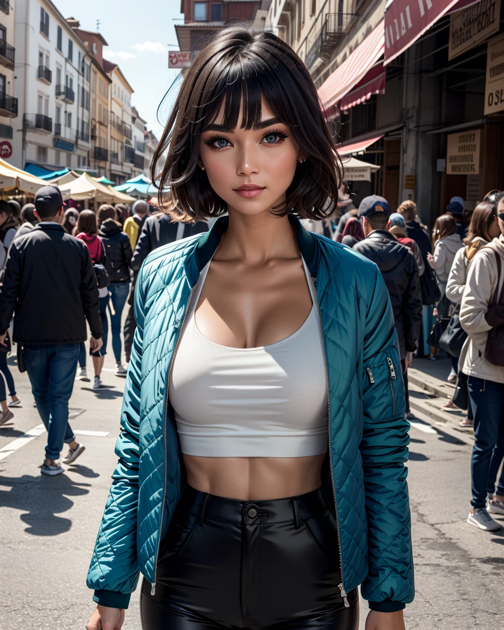 1girl, Camisole: A tank top with narrower straps, similar to a camisole, commonly seen in women's clothing. Silk Pants , Soft, smooth pants suitable for formal occasions. (Quilted Jacket:1.3), Quilted fabric with insulation, Traditional patterns or solid colors, Compact breasts ,, narrow waist, Pixie Cut with Cybernetic Enhancements - Turquoise , fantastic details full face, dot nose,detailed Cat-like eyes, yellow iris, arched eyebrows, orange beautiful Detailed Eyes, lips at Street Market - colorful and lively, with exotic goods and bustling crowds. <lora:neg9V2_last:0.5>