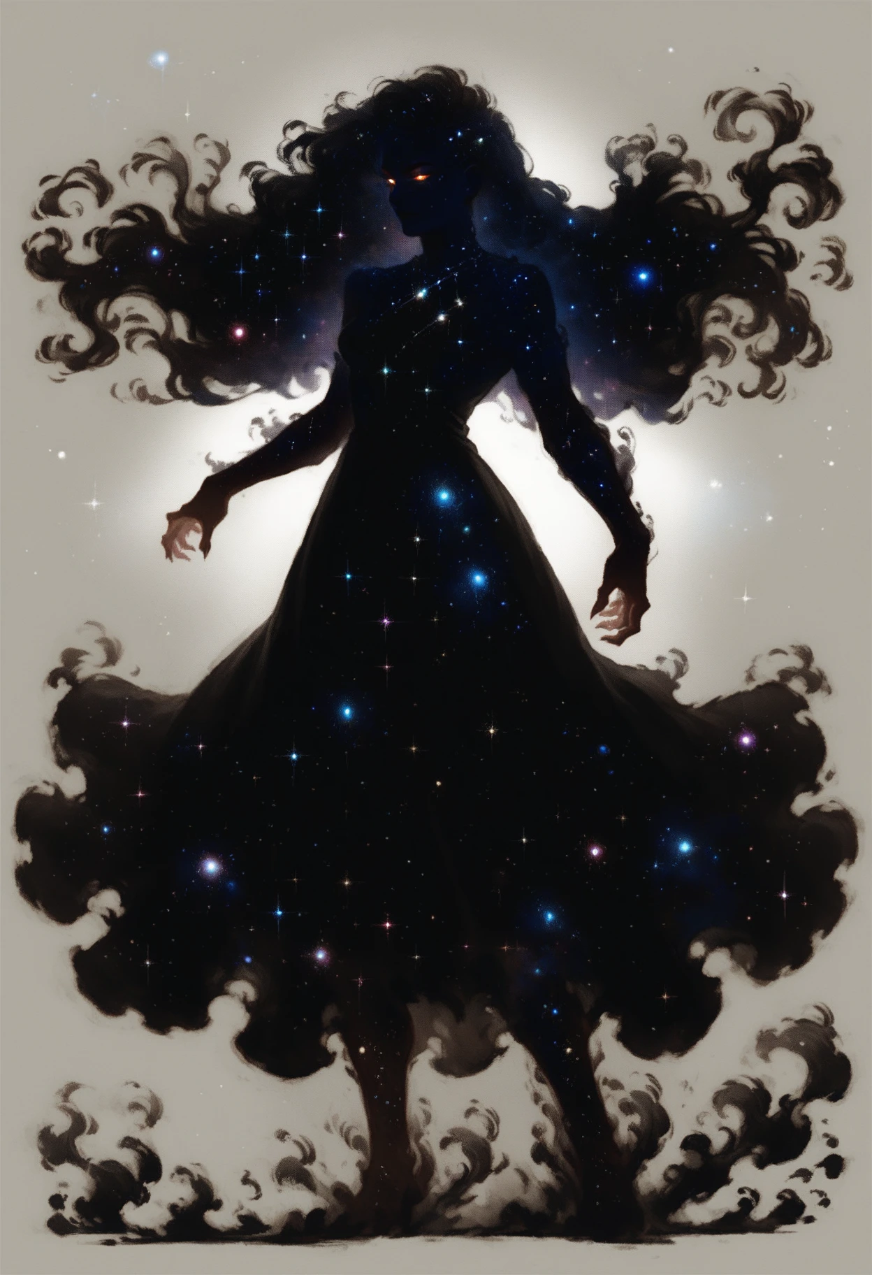 (score_9_up, score_8_up:1.2), score_7_up, high spren, 1girl, glowing eyes, silhouette, long hair, dress, galaxy, space, <lora:High_Spren-000006:0.8>