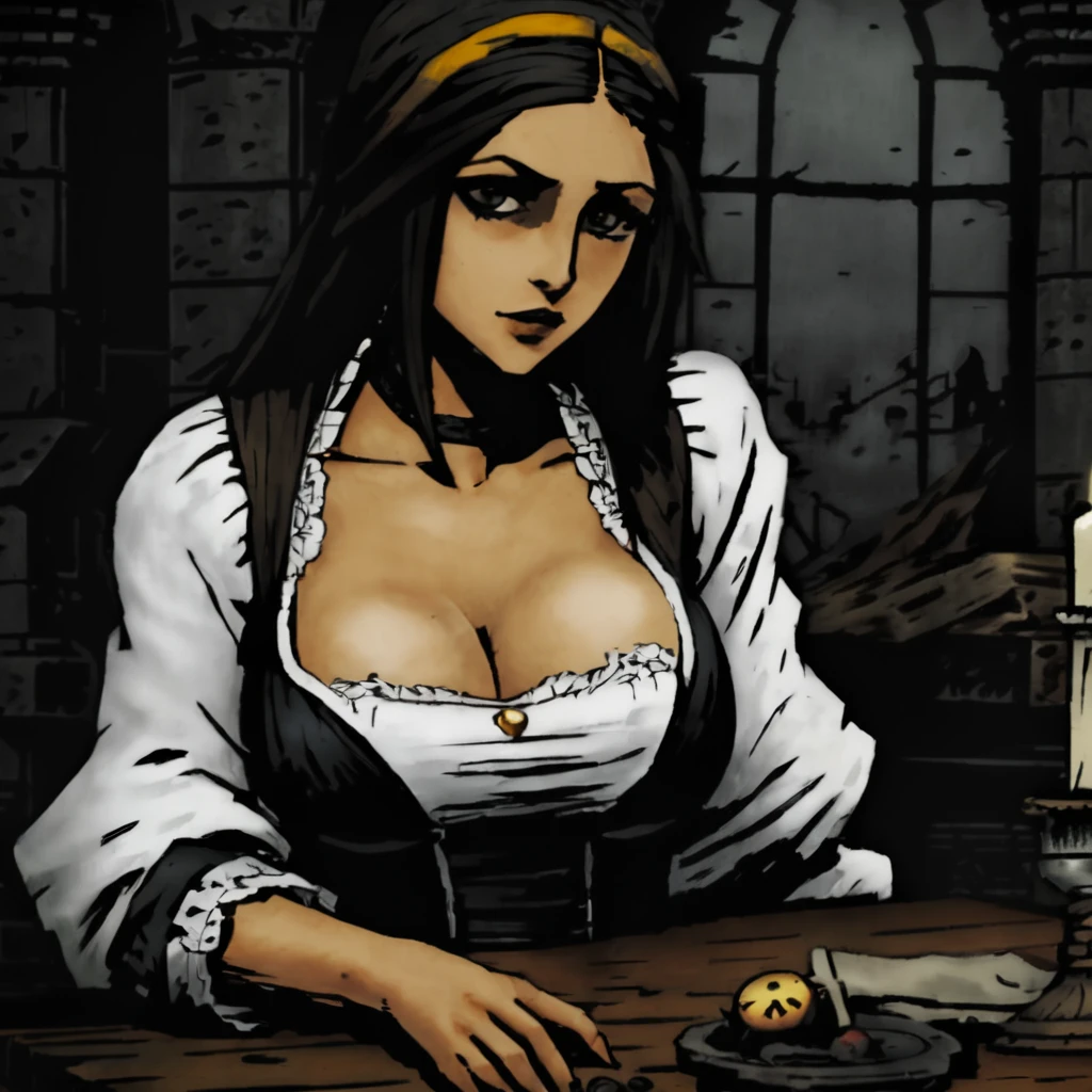 DarkestDungeon, intricate portrait, extremely detailed impressionistic painting, 19th century painting by John Longstaff, anime girl, 2007 anime waifu, brunette girl resting huge breasts on table, cleavage, 95cm bust, wearing low-cut white shirt with black trim