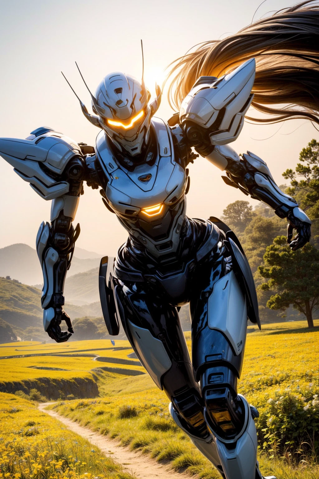 <lora:NOFACE V3.0:0.8>,mecha,solo,1other,helmet,science fiction,robot,humanoid robot,no humans,glowing,mask,armor,cable,chain mail,crack,fully armed,glowing eyes,<lora:more_details:0.8>,realistic,, (masterpiece:1.2),(best quality:1.2),intricate details,newest,ai-generated,perfect anatomy,1girl,
beautiful girl,Running with one arm extended forward,Devastated,sunset,Lush Rainbow Meadows with Butterflies,
edgQuality,