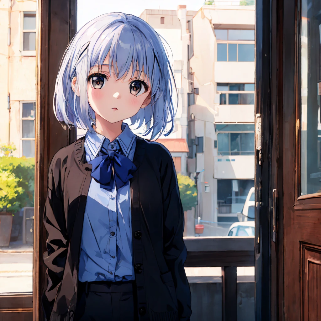 masterpiece,best quality,Ultra detailed,1girl,<lora:staingirl-000005:0.2>,staingirl,black cardigan,collared shirt,open clothes,open cardigan,shirt tucked in,black pants,brown eyes,<lora:kafuu_chino:0.8>,kafuu chino,chino work,