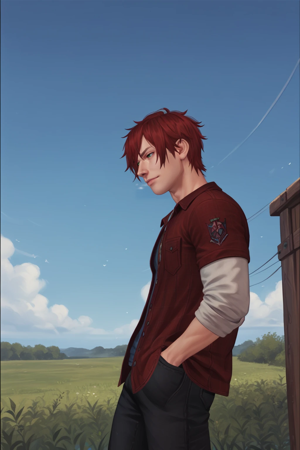 PonyXLV6_Scores , rnxdkxlz, 1boy, blue sky, green eyes, red hair, cloud, cloudy sky, hand in pocket, male focus, outdoors, sky, solo, from the side <lora:RanaHXV:0.8>