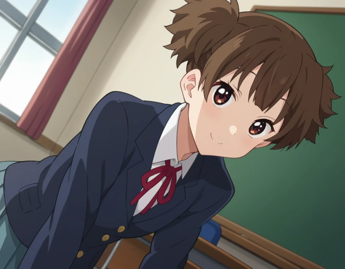 score_9, score_8_up, score_7_up, source_anime,
junsuzuki, <lora:jun-suzuki-s2-ponyxl-lora-nochekaiser:1>,
jun suzuki, short hair, brown hair, twintails, brown eyes, short twintails,
sakuragaoka high school uniform, school uniform, uniform, blazer, shirt, white shirt, collared shirt, skirt, pleated skirt,
indoors, classroom, bent over, smile,
looking at viewer, cowboy shot, dutch angle, solo,