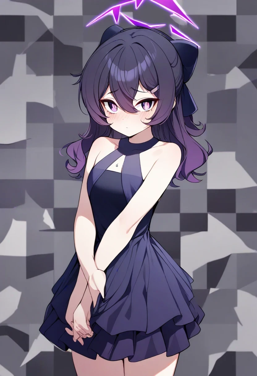 <lora:ps68_dress_v7:1>1girl, haruka \(dress\) \(blue archive\), dress, halo, simple background, checkered background, looking at viewer, cowboy shot