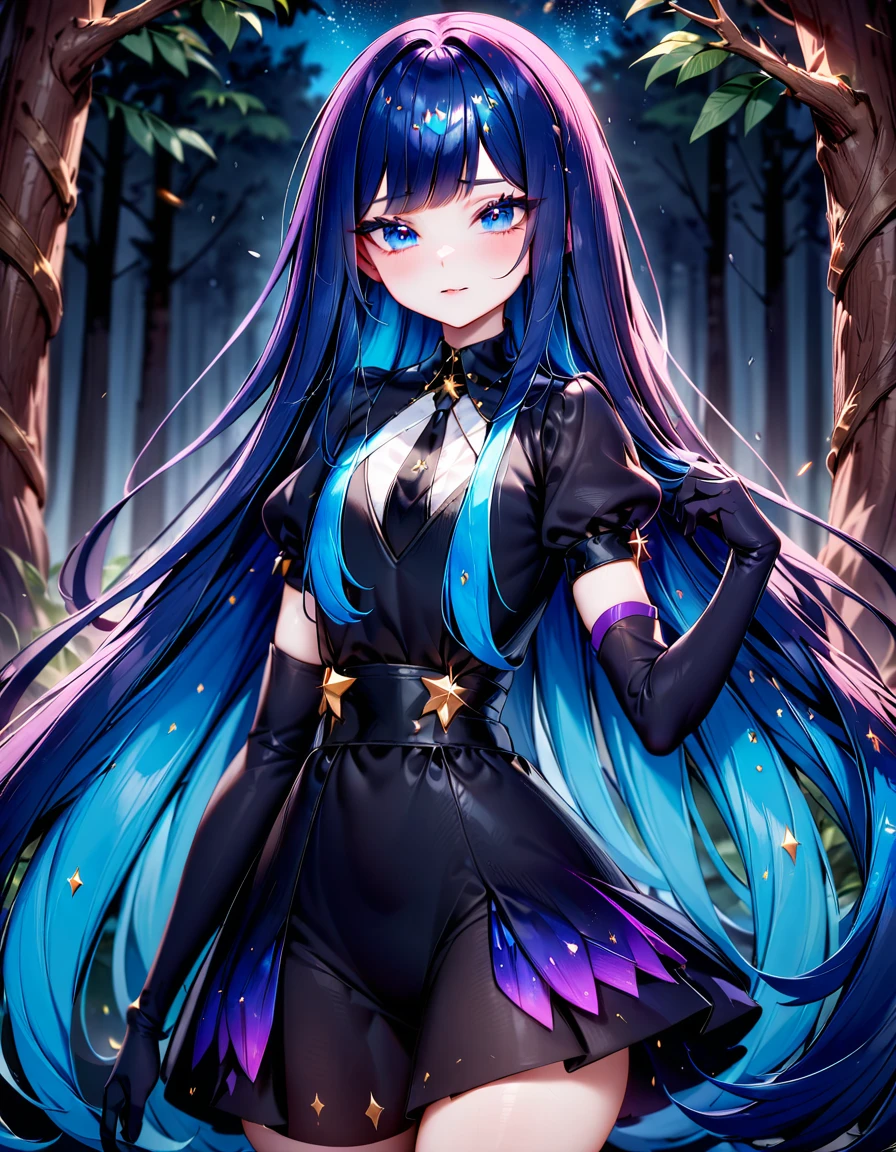 masterpiece, safe, best quality, very aesthetic, absurdres, cowboy_shot, LapisLazuli, crystal hair, very long hair, sparkle, blunt bang, black gloves, elbow gloves, puffy sleeves, necktie, witch_outfit, magic particles, forest, night