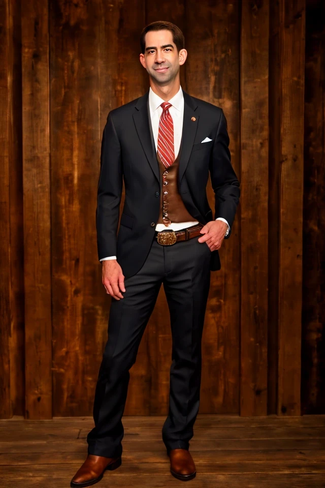 tom cotton <lora:senate_008_tom_cotton:0.65> , face closeup, face focus, shirt, formal, suit, collared shirt, white shirt, jacket,
Dressed in cowboy attire with a ten-gallon hat and cowboy boots, standing in front of a Western saloon, lasso or branding iron,
best quality, masterpiece, HDR, professional, studio quality, highres,