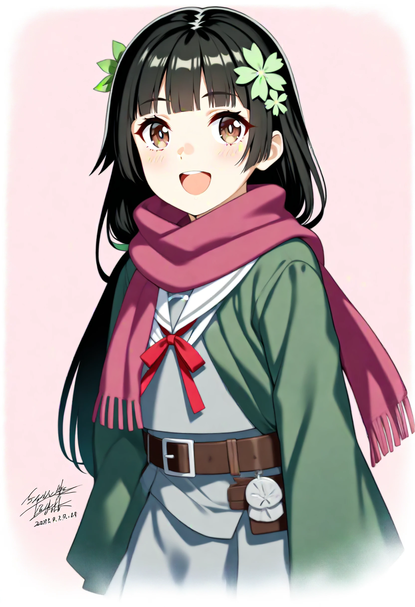 1girl,
type 100 \(girls' frontline\), girls' frontline,
simple background, uniform, belt, ribbon, brown eyes, hair ornament, type 100, solo, scarf, hair ribbon, blunt bangs, :d, serafuku, flower, collar, neck ribbon, long hair, pink background, green coat, coat, open mouth, looking to the side, hair flower, long sleeves, smile, grey serafuku, tsurime, school uniform, dated, signature, black hair,
masterpiece, best quality, newest, absurdres, safe