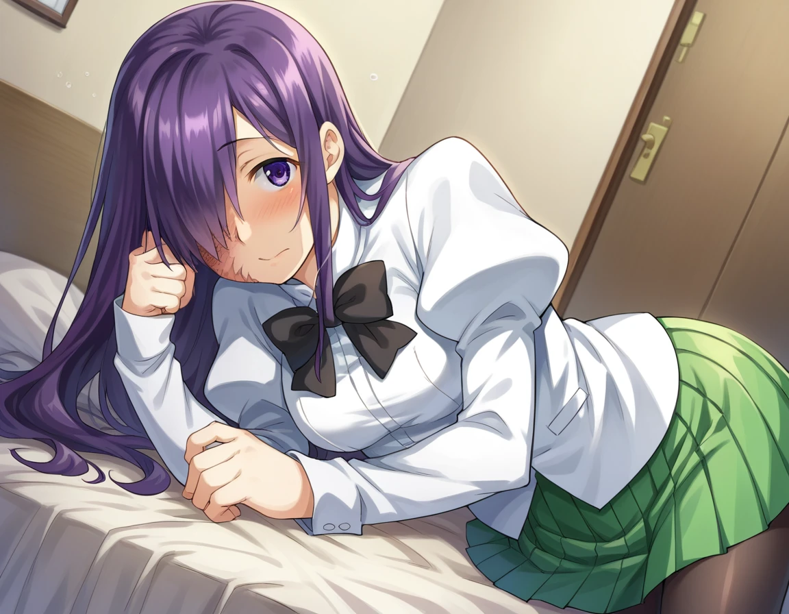 score_9, score_8_up, score_7_up, source_anime,
hanakoikezawa, <lora:hanako-ikezawa-ingame-ponyxl-lora-nochekaiser:1>,
hanako ikezawa, hair over one eye, long hair, purple eyes, purple hair, scar,
pantyhose, school uniform, skirt, shirt, long sleeves, white shirt, juliet sleeves, green skirt, pleated skirt, bow, bowtie, black bowtie,
indoors, bed, bed room, on side, blush, drunk,
looking at viewer, cowboy shot, dutch angle, solo,