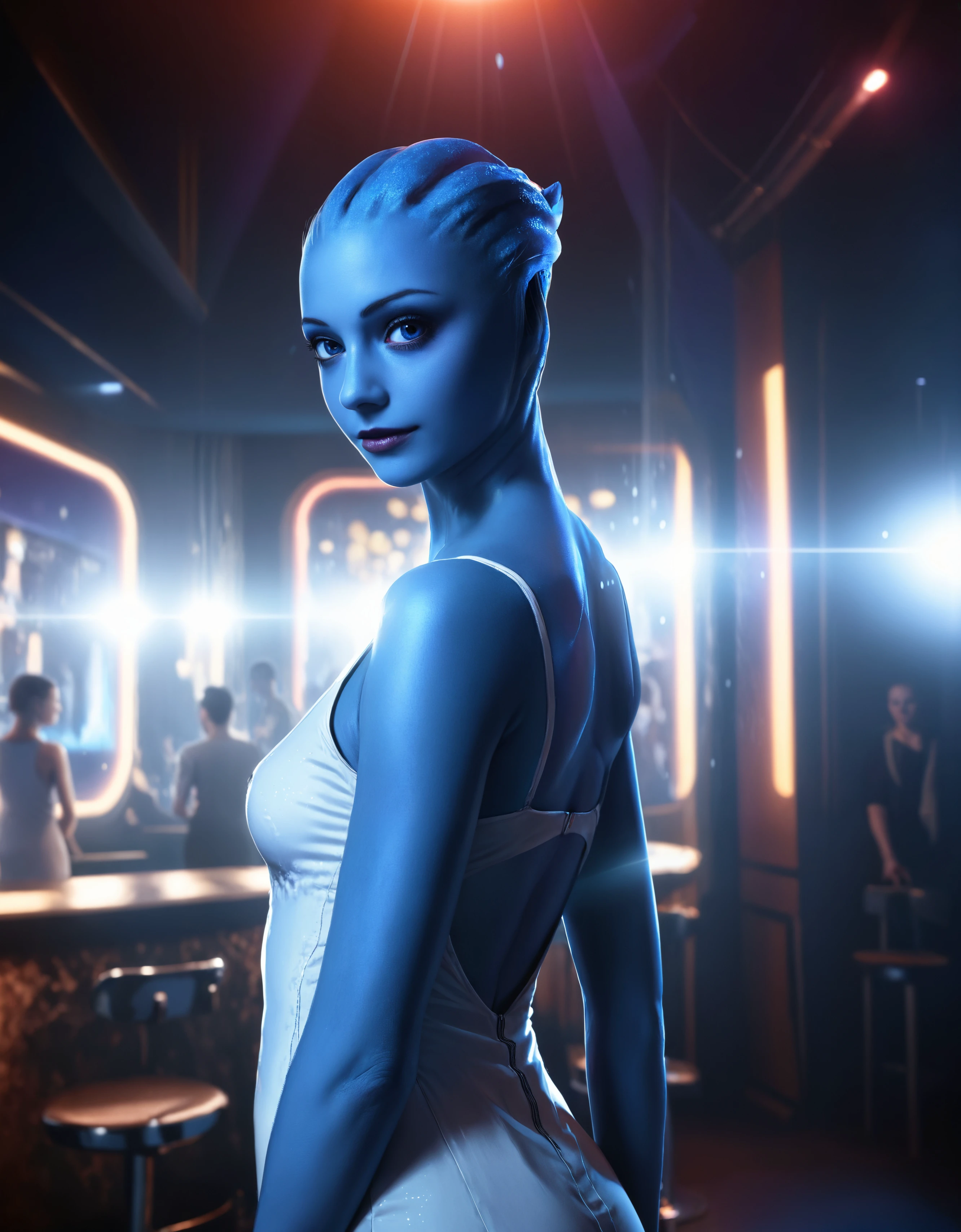 (zavy-liara), glamour shot of a beautiful young woman wearing dress in nightclub, looking at viewer, subsurface scattering, clean, portrait, fabric,