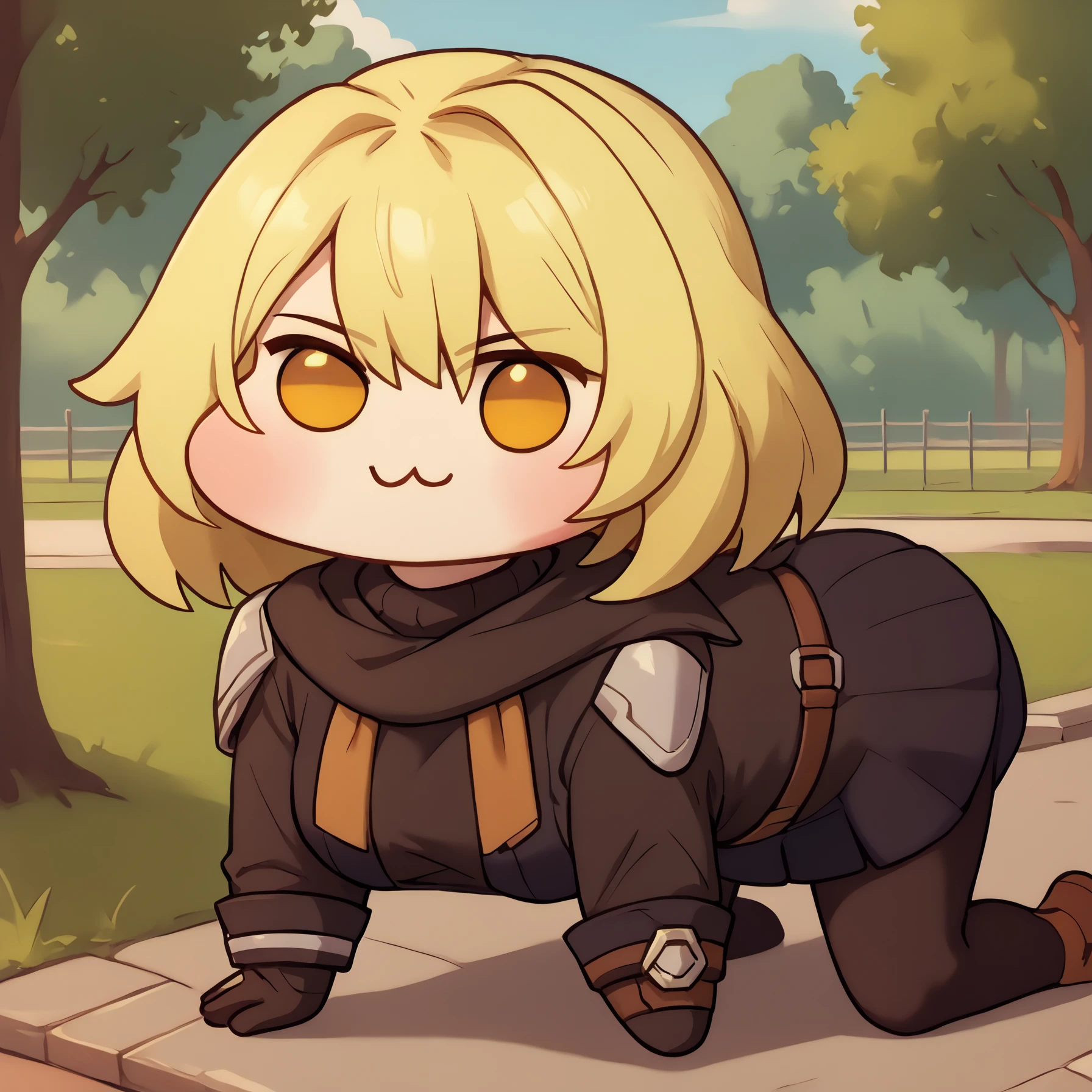 score_9, score_8_up, score_7_up, BREAK 1girl, solo, LanaBeniko, yellow eyes, medium hair, blonde hair, breasts, <lora:LanaBenikoPDXL_V1-Manityro-CAME:1.0>, outdoors, park,
<lora:Doro_X_PDXL_V1:1.2>, doro, creature, :3, chibi, no humans, four legs, solid circle eyes, no pupils, all fours, side view,
KotfeOutfit, turtleneck, scarf, black clothing, shoulder armor, black sweater, long sleeves, asymmetrical gloves, belt, black skirt, black leggings