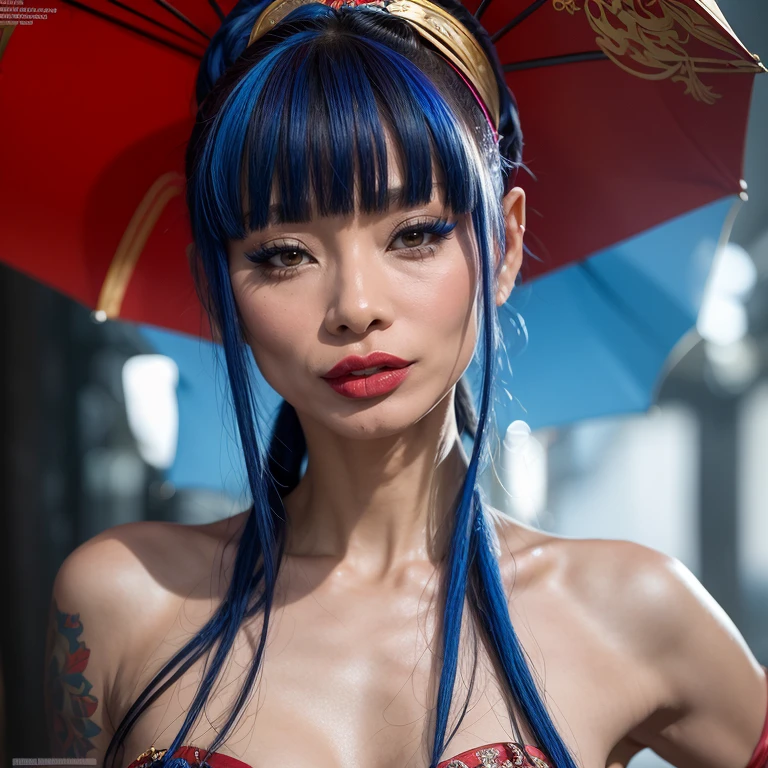 best quality,masterpiece,dynamic angle,wallpaper,cinematic,brown skin, bai ling as Bazlunipa woman in westeros  <lora:Bazlunipa:1> ,multicolored colorful hair, pulpous blue lips,