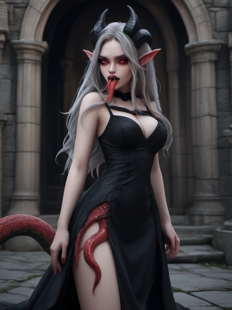 Hyperrealistic art <lora:VeryLongTongue:1> vlt, long tongue, snake tongue, demon, red skin, horns, black dress, puffy dress, gothic castle, 1girl, cute, beautiful, skinny, fit, asian, 20 years old, looking at the distance,  [very long hair|black hairl], messy hair, pale skin , medium breast,  <lora:detailed_notrigger:0.8> . Extremely high-resolution details, photographic, realism pushed to extreme, fine texture, incredibly lifelike