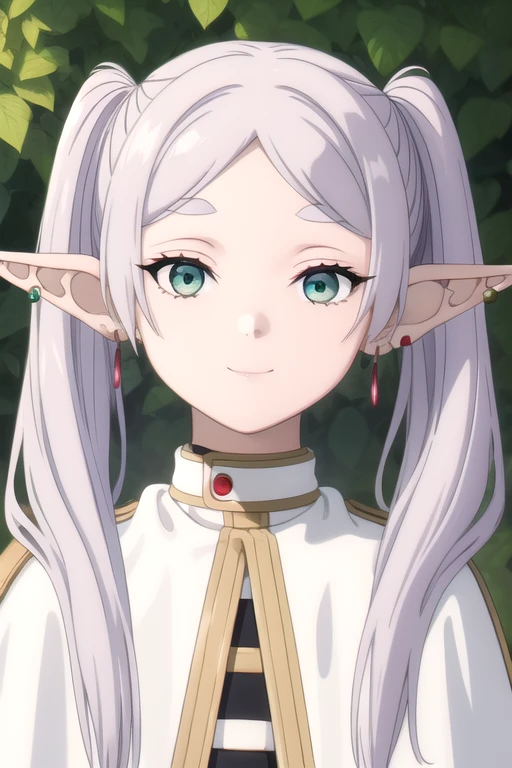 ((masterpiece)),(best quality),official art,extremely delicate and beautiful,extremely detailed CG,unity 8k wallpaper,ultra detailed,beautiful detailed eyes,extremely detailed face,outdoors,1girl,solo,upper body,(portrait:1.5),looking at viewer,facing viewer,smile,elf,long hair,grey hair,twintails,pointy ears,earrings,jewelry,sidelocks,parted bangs,thick eyebrows,short eyebrows,aqua eyes,white capelet,striped shirt,white dress,long sleeves,belt buckle,black pantyhose,brown boots,<lora:Frieren(snf)>,