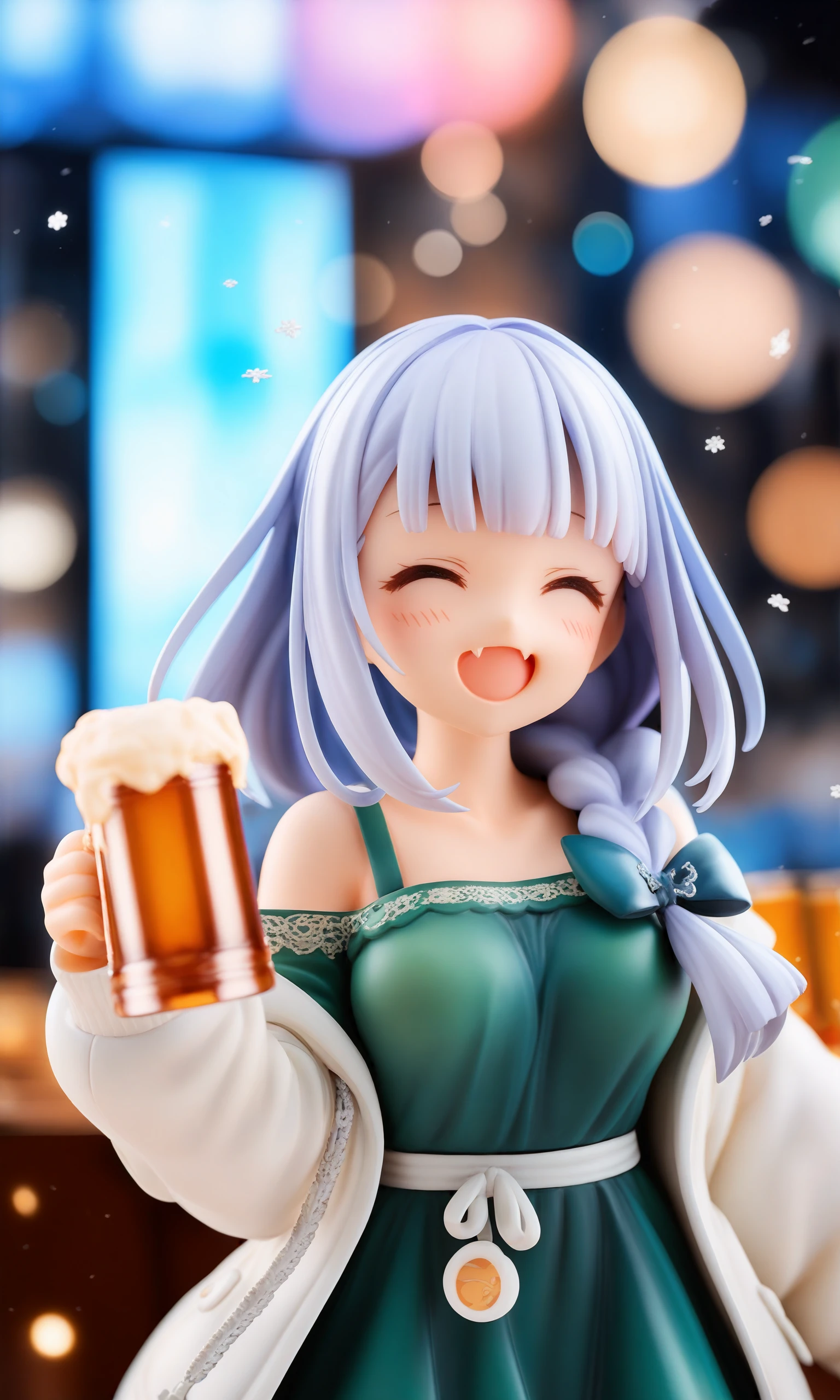 score_9,score_8_up,score_7_up,score_6_up,score_5_up,score_4_up,
1girl,solo,closed eyes,breasts,green dress,braid,jacket,holding,fang,alcohol,smile,white jacket,beer,purple hair,bangs,long hair,dress,open jacket,blush,cup,open mouth,open clothes,off shoulder,single braid,:d,skin fang,hair bow,blunt bangs,holding cup,strapsleeves,bokeh,snowflakes,blurry background,depth of field,a figurine with blue hair and blue eyes,q posket,nendoroid eyes,nendroid,half figure shot,high detail!!,style as nendoroid,with gorgeous detailed eyes,macro view,adorable appearance!!!,
