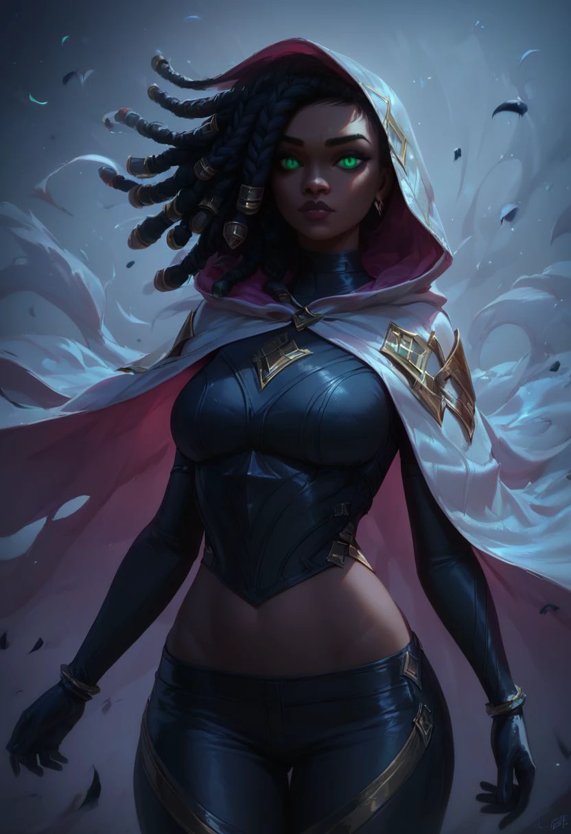 (((beautiful, hyper realistic, high quality))), portrait, score_9, score_8_up, score_7_up, realistic, 
1girl, dark skin, green eyes, black dreadlock, black top, long black gloves, white hooded cape, black pants