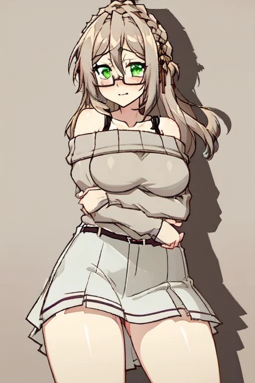 Reneecrushcrush, 1girl, solo, glasses, green eyes, braid, breasts, skirt, sweater, off-shoulder sweater, long hair,