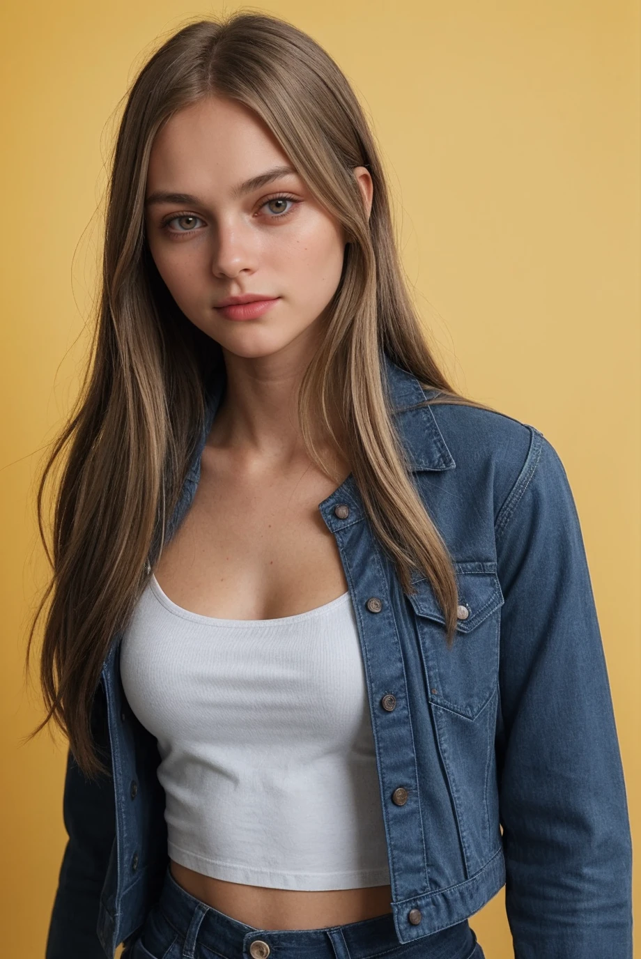 full body shot of 0ER0_Kyla_Dodds, wearing a jacket shirt, yellow background, RAW photo, 8k UHD, DSLR, soft lighting, high quality, film grain, Fujifilm XT3, RAW candid cinema, 16mm, color graded portra 400 film, remarkable color, ultra realistic, textured skin, remarkable detailed pupils, realistic dull skin noise, visible skin detail, skin fuzz, dry skin, shot with cinematic camera