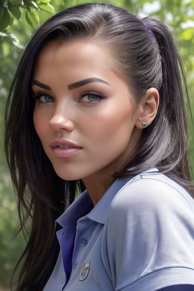 headshot of S391_MariaIgnatenko,a gorgeous woman,in an (orchard:1.1),wearing a (purple-polo-shirt:1.1),(ponytail),(4k, RAW photo, best quality, 50mm, depth of field, ultra high res:1.1),(intricate, photorealistic, cinematic-shot, masterpiece, ultra-detailed:1.1),