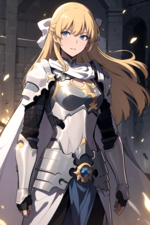 TeresaDuLaurentia, 1girl, solo, long hair, blue eyes, blonde hair, green eyes, hair bow, white cape, armor, white bow, shoulder armor, gauntlets, pauldrons, breastplate, armored dress, 