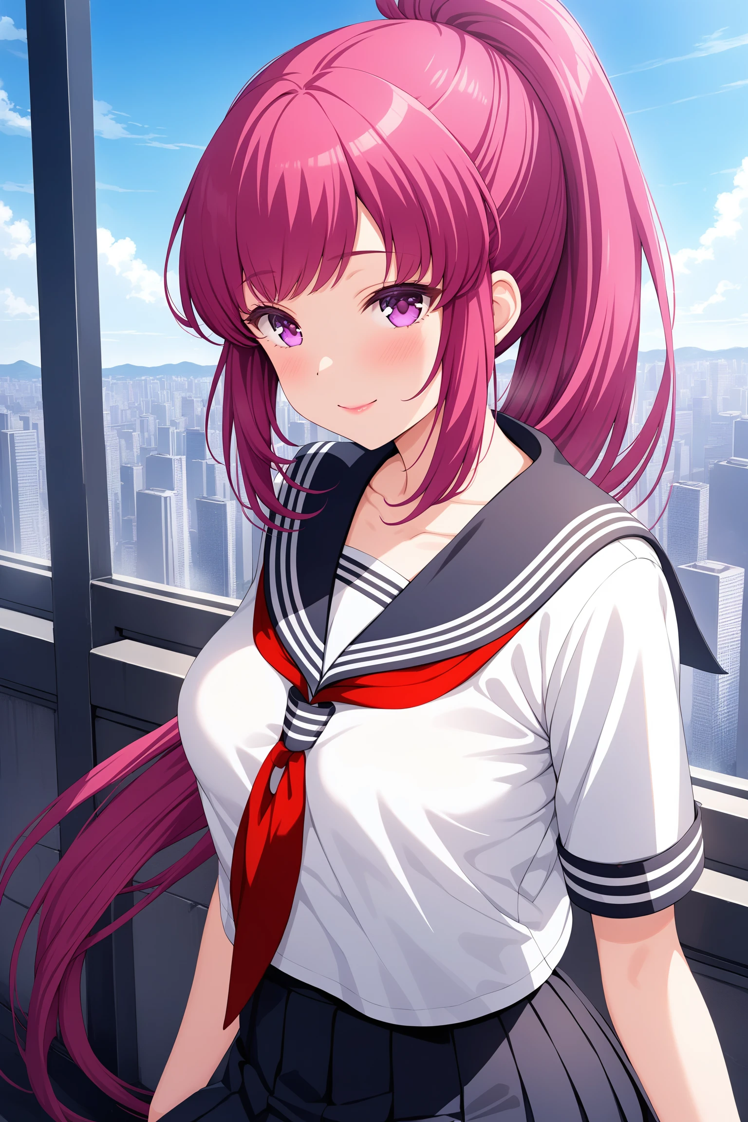 (masterpiece, best quality, very aesthetic, ultra detailed), intricate details, highly detailed background, perfect lightingbest quality, asamikei, solo, outdoors, city, pink hair, ponytail, very long hair, sidelocks, purple eyes, medium breasts, white serafuku, white shirt, black sailor collar, red neckerchief, black skirt, pleated skirt, school uniform, smile, closed mouth, pink lips, <lora:Asami-Kei:0.7>