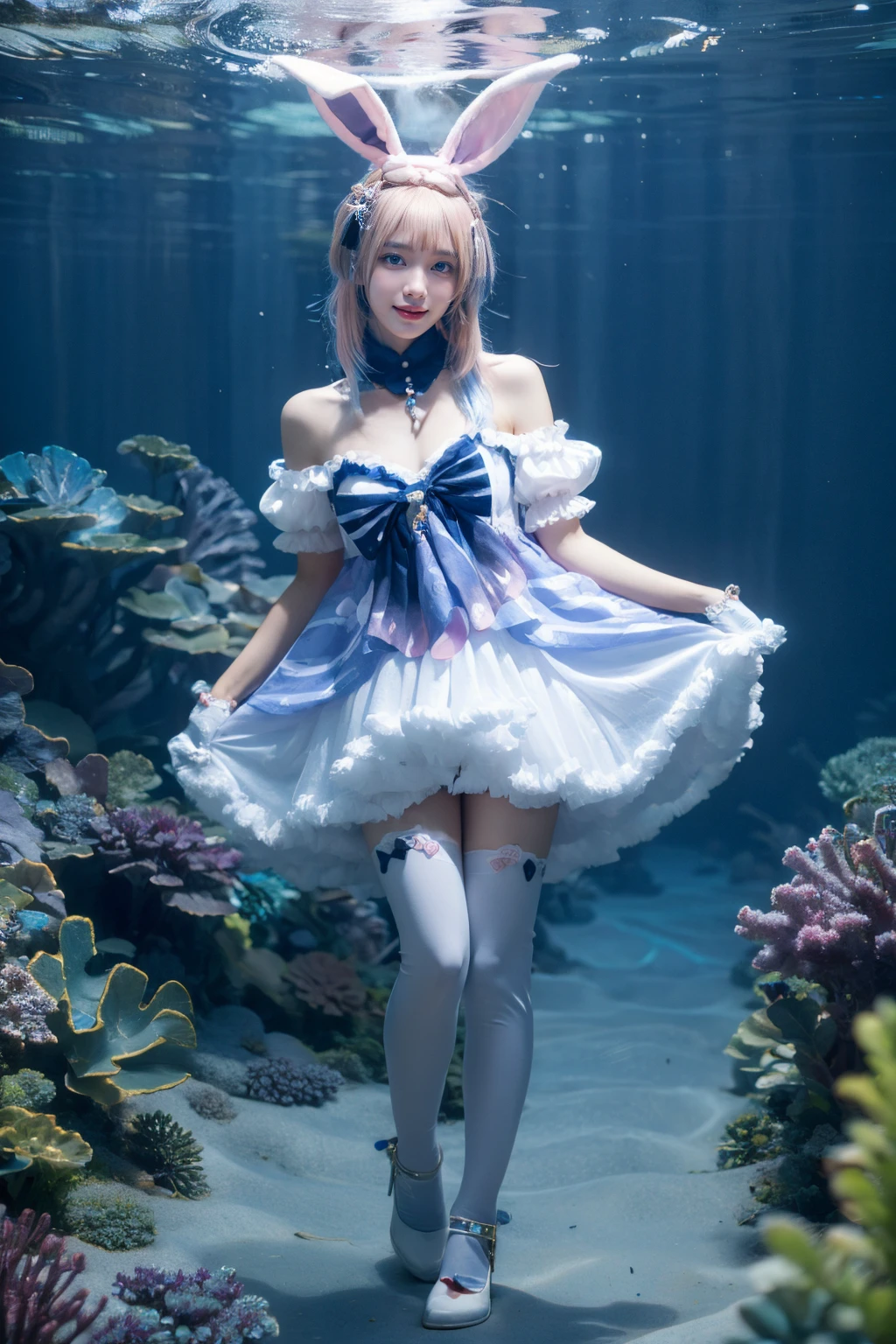 best quality, masterpiece, realistic, photorealistic, 1girl, solo, looking at viewer, smile, standing, full body, sangonomiya kokomi cosplay costume, sangonomiya kokomi, genshin impact, cosplay, alternate costume, pink hair, gradient hair, multicolored hair, long hair, dress, off-shoulder dress, frilled dress, frills, bow, detached collar, detached sleeves, dress bow, bare shoulders, fake animal ears, animal ears, rabbit ears, hair ornament, gloves, white gloves, thighhighs, white high heels, seafloor, underwater city, underwater, <lora:Genshin_Kokomi_Rabbit_cosplay_v1:0.7>, <lora:Background Detail Enhanced_Si_v3.0:1.5>