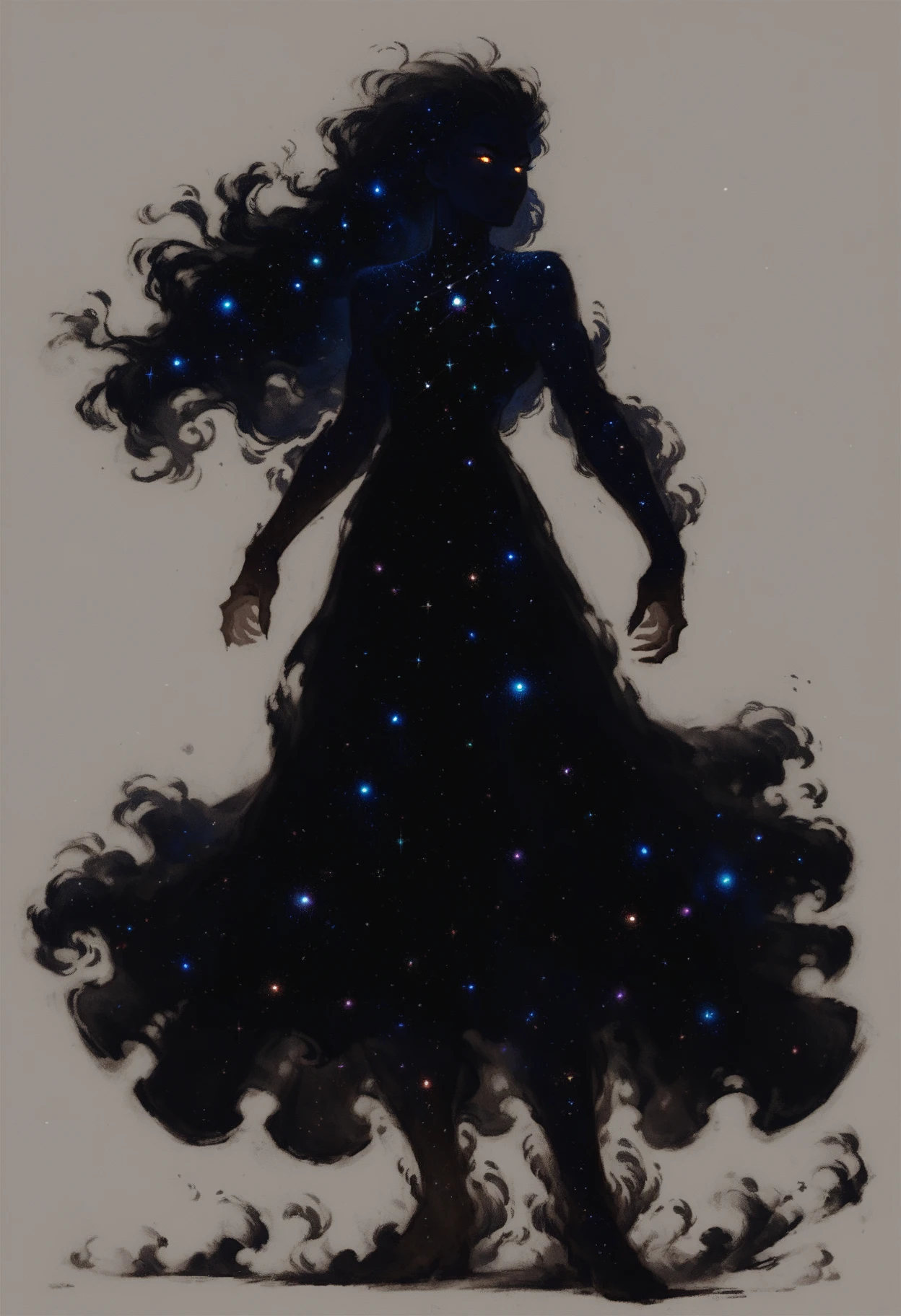 (score_9_up, score_8_up:1.2), score_7_up, high spren, 1girl, glowing eyes, silhouette, long hair, dress, galaxy, space, <lora:High_Spren-000006:0.8>