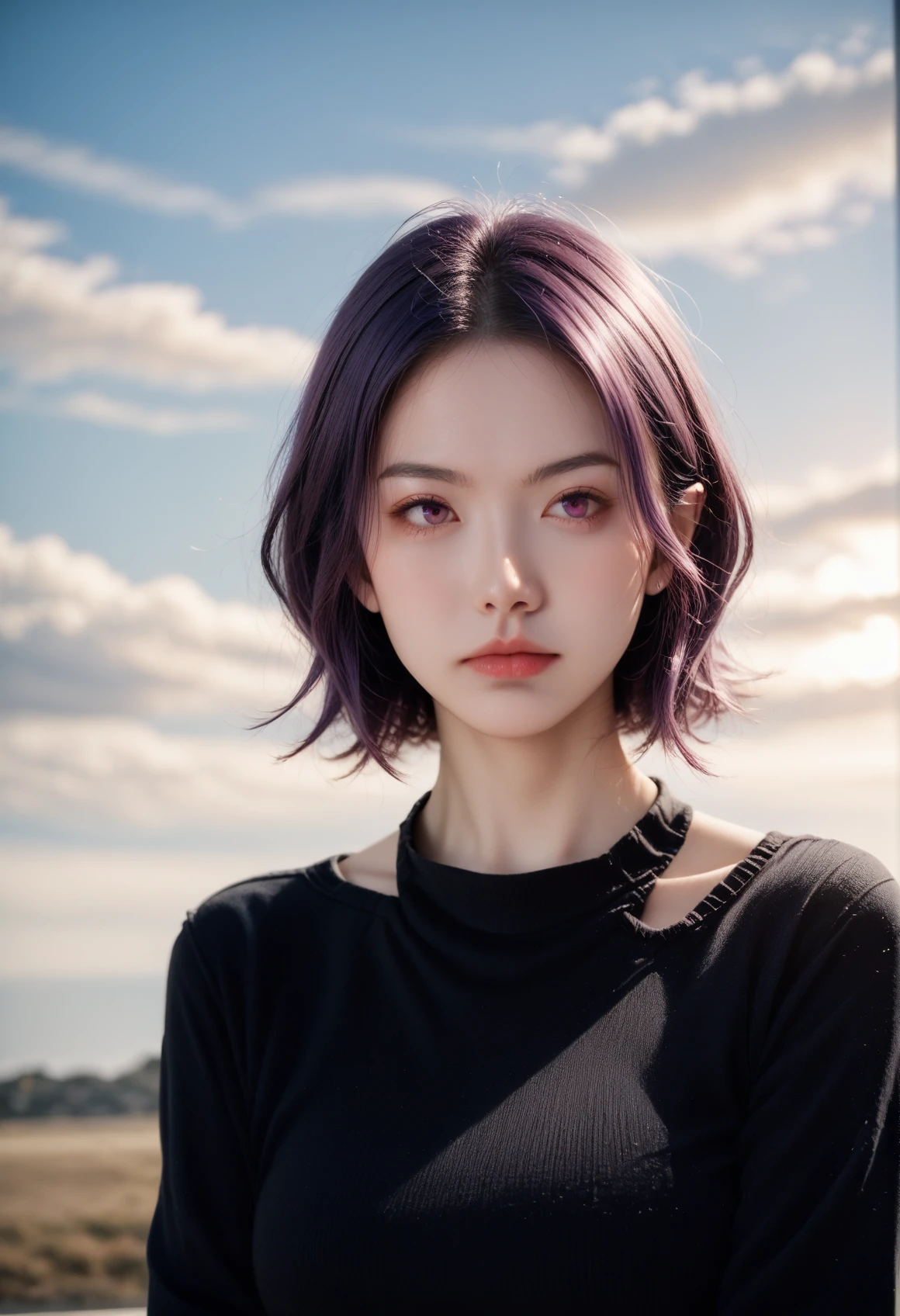 score_9, score_8_up, score_7_up, rating_safe, BREAK, beautiful and aesthetic:1.2, 1girl, beautiful, high detailed, purple hair with a hint of pink, pink eyes, dark lighting, serious face, looking the sky, sky, medium shot, black sweater, jewelry, realistic, photo