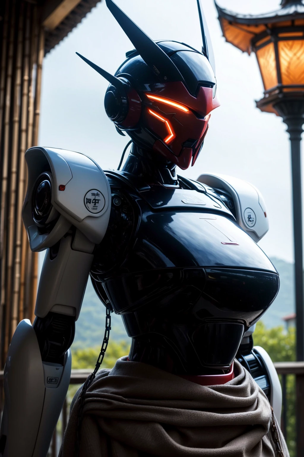 <lora:NOFACE V3.0:0.8>,(noface:1.1),mecha,solo,1other,helmet,science fiction,robot,humanoid robot,no humans,glowing,mask,armor,cable,chain mail,crack,fully armed,glowing eyes,<lora:more_details:0.8>,realistic,huge_breasts,gundam, (masterpiece:1.2),(best quality:1.2),intricate details,newest,ai-generated,perfect anatomy,1girl,
beautiful girl,Pretending to play the violin,Content,vatican city,Tranquil Bamboo Grove with Red Lanterns,
edgQuality,