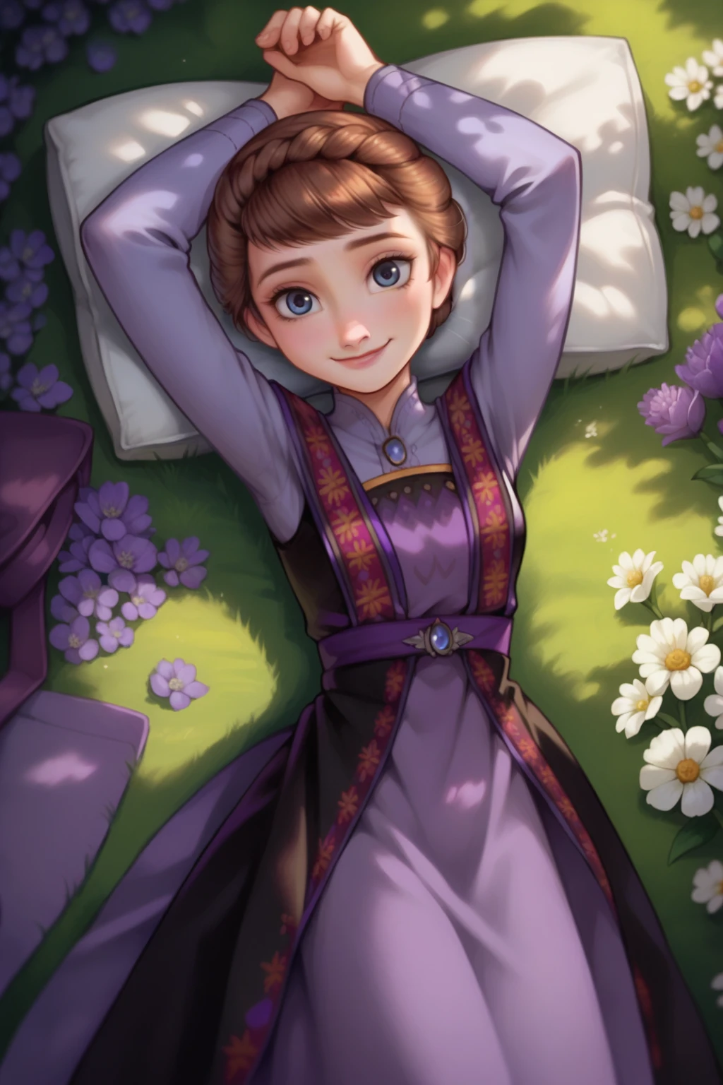 score_9, score_8, score_7, queen iduna, black and purple royal dress, outdoors, <lora:frozen_queenIduna_v11epoch8:1>, looking at viewer, smile, flower field, lying on a picnic blanket,  from above, arms up, head on a pillow