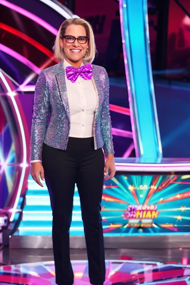 kyrsten sinema <lora:politician_005_kyrsten_sinema:0.65> face closeup, face focus, shirt, formal, suit, collared shirt, white shirt, jacket,
Dressed in a flashy game show host outfit with a bow tie and sparkly jacket, standing on a game show set, spinning a large prize wheel,
best quality, masterpiece, HDR, professional, studio quality, highres,