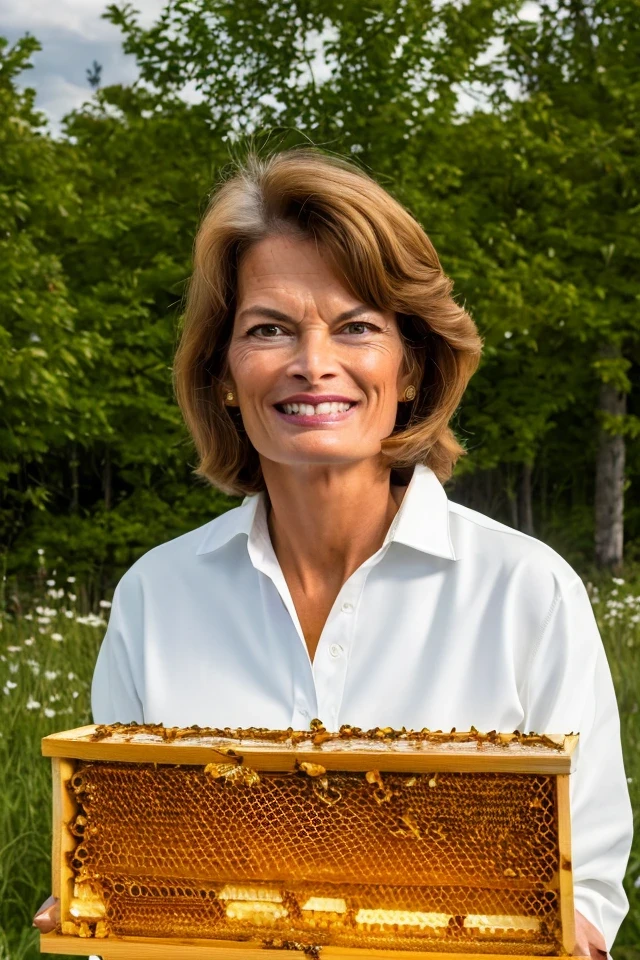 lisa murkowski <lora:politician_003_lisa_murkowski:0.65> face closeup, face focus, shirt, formal, suit, collared shirt, white shirt, jacket,
Wearing a beekeeper suit, standing in an apiary with bee hives around, holding a giant honeycomb, "Honey Pot Funds",
best quality, masterpiece, HDR, professional, studio quality, highres,