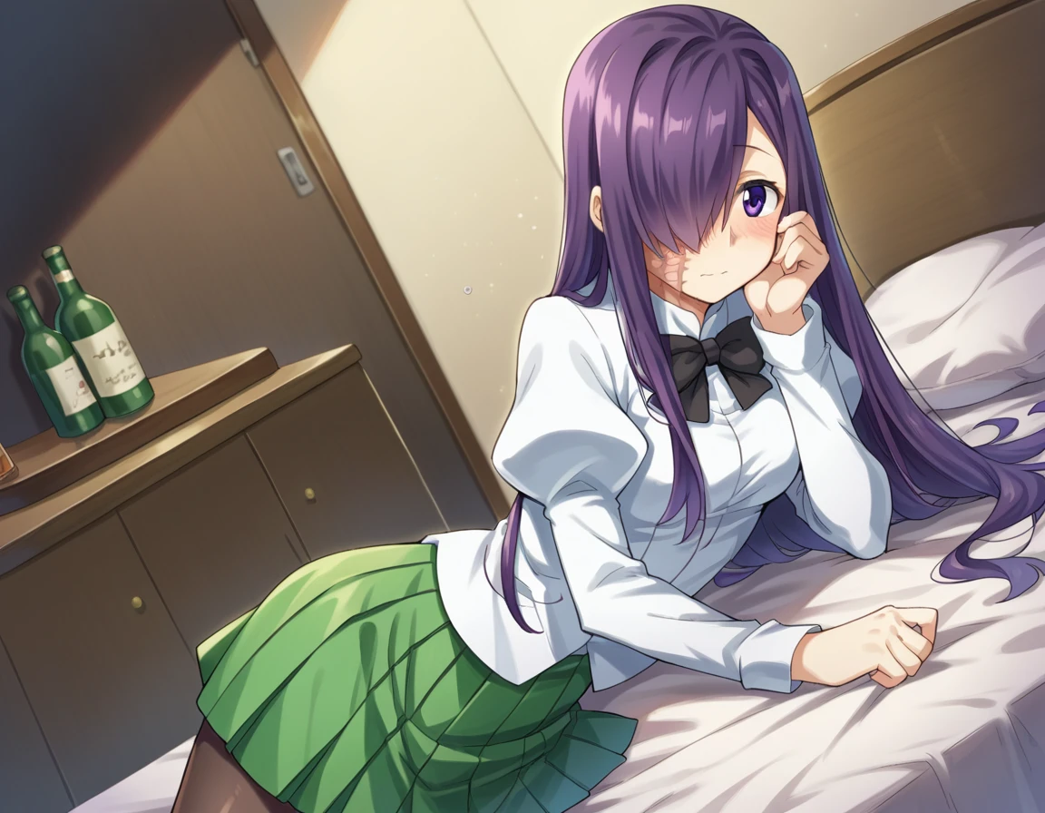 score_9, score_8_up, score_7_up, source_anime,
hanakoikezawa, <lora:hanako-ikezawa-ingame-ponyxl-lora-nochekaiser:1>,
hanako ikezawa, hair over one eye, long hair, purple eyes, purple hair, scar,
pantyhose, school uniform, skirt, shirt, long sleeves, white shirt, juliet sleeves, green skirt, pleated skirt, bow, bowtie, black bowtie,
indoors, bed, bed room, on side, blush, drunk,
looking at viewer, cowboy shot, dutch angle, solo,