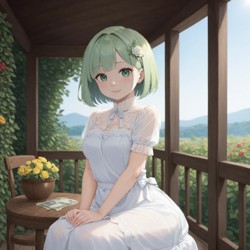 1girl, solo, seated, money on a table, veranda, white fence, rose garden, Victorian, light green hair, green eyes, bob cut, white dress, lace trim, upper body, gorgeous smile, art by Monet