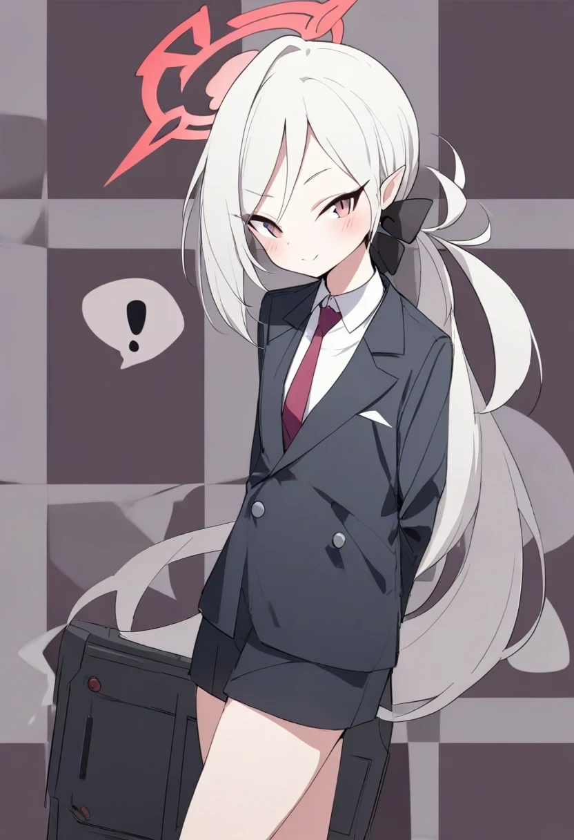 <lora:ps68_dress_v7:1>1girl, mutsuki \(suit\) \(blue archive\), halo, simple background, checkered background, looking at viewer, cowboy shot, black jacket