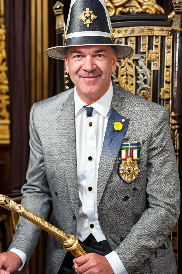 dan sullivan <lora:politician_004_dan_sullivan:0.65> face closeup, face focus, shirt, formal, suit, collared shirt, white shirt, jacket,
Clad in a medieval jester outfit with bells on the hat, standing in a castle's throne room, holding a scepter with a funny face on top,
best quality, masterpiece, HDR, professional, studio quality, highres,