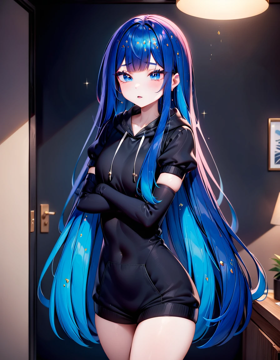 masterpiece, safe, best quality, very aesthetic, absurdres, cowboy_shot, LapisLazuli, crystal hair, very long hair, sparkle, blunt bang, black gloves, hoodie, elbow gloves, puffy sleeves, appartment, comfy