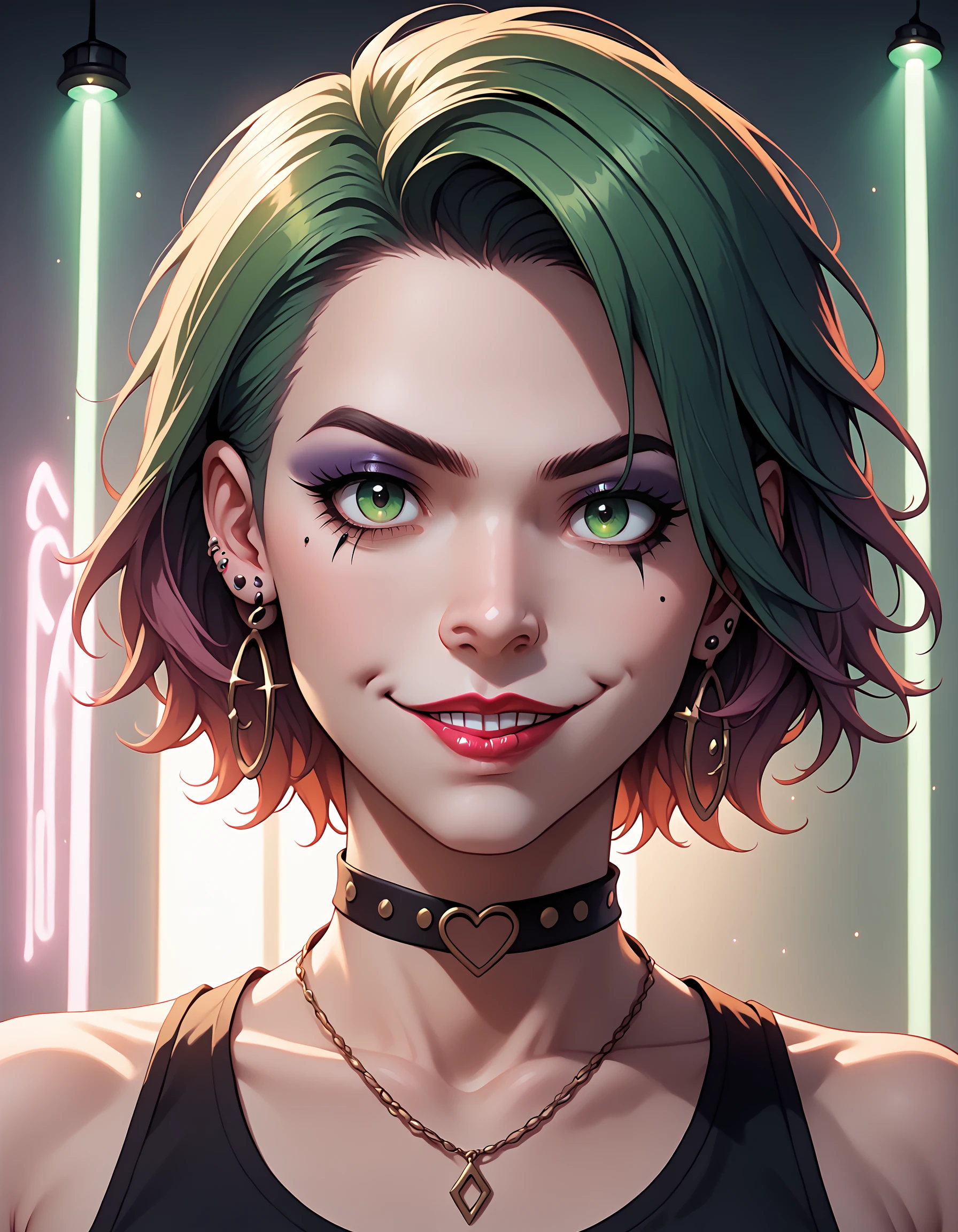 dspdxslme, 1girl, looking at viewer, smile, short hair, jewelry, earrings, choker, necklace, makeup, black choker, piercing, lipstick, portrait, neon lighting, green lighting, sidelighting, PonyXLV6_Scores, <lora:NijiSlimePDXL:0.8>