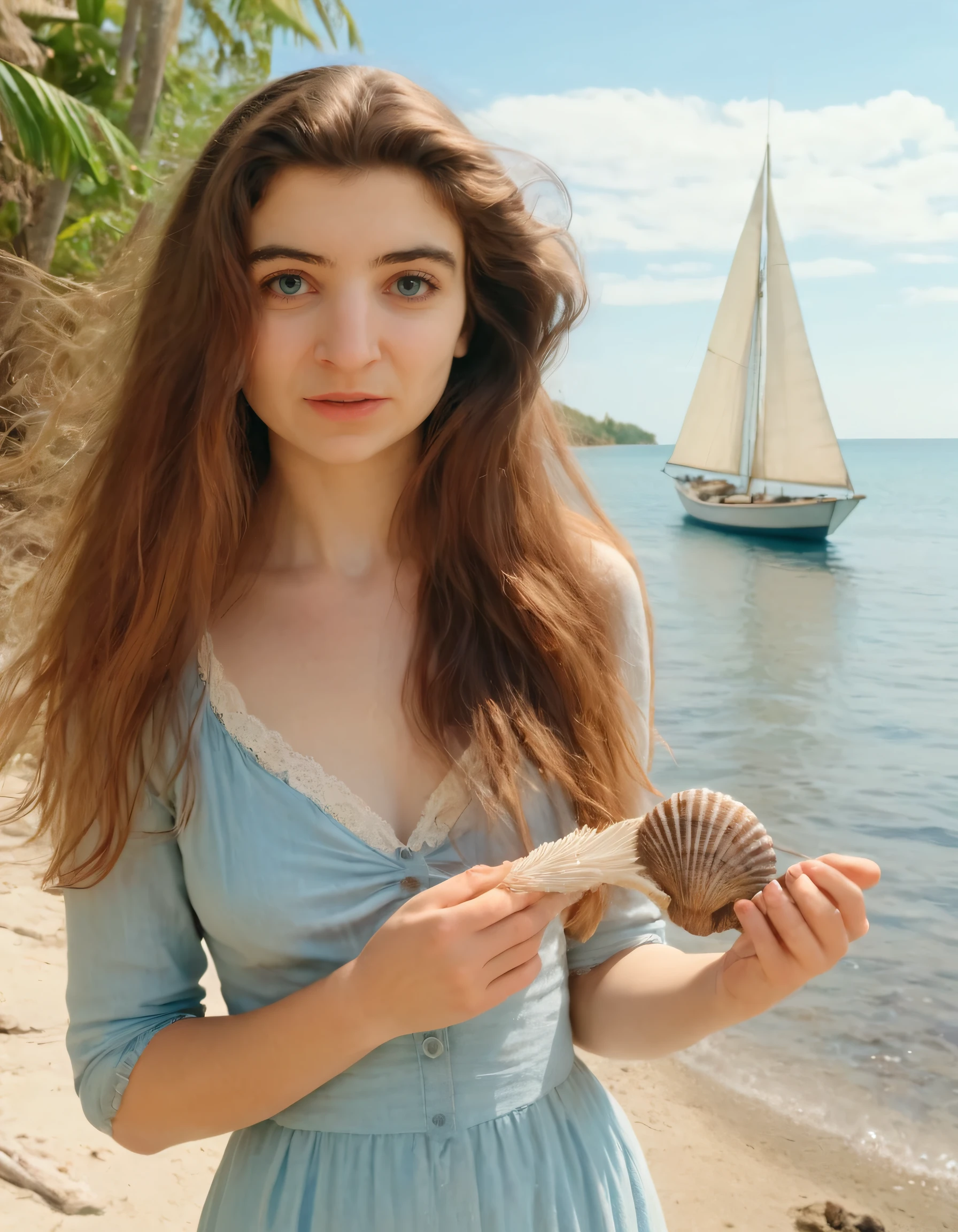 , femme poisson créature de la mer, shooting dans la mer, sirène de 27 ans, habillée d'un haut coquillage et d'une queue de sirène, bijoux sur tous le corps, cheveux mi long ondulé chatain clair, les yeux vert, visage carré, sirène, hyper détaillé, full body, corps entier, corps de sablier, athlétique, voluptueux, Ambiance plage, Photographier, éclairage éthéré, full hd max, haute couture, qu'une seule femme pas de public, glamour sexy, artistique, sirène, queue de poisson, écaille vertes, chante, haut coquillage