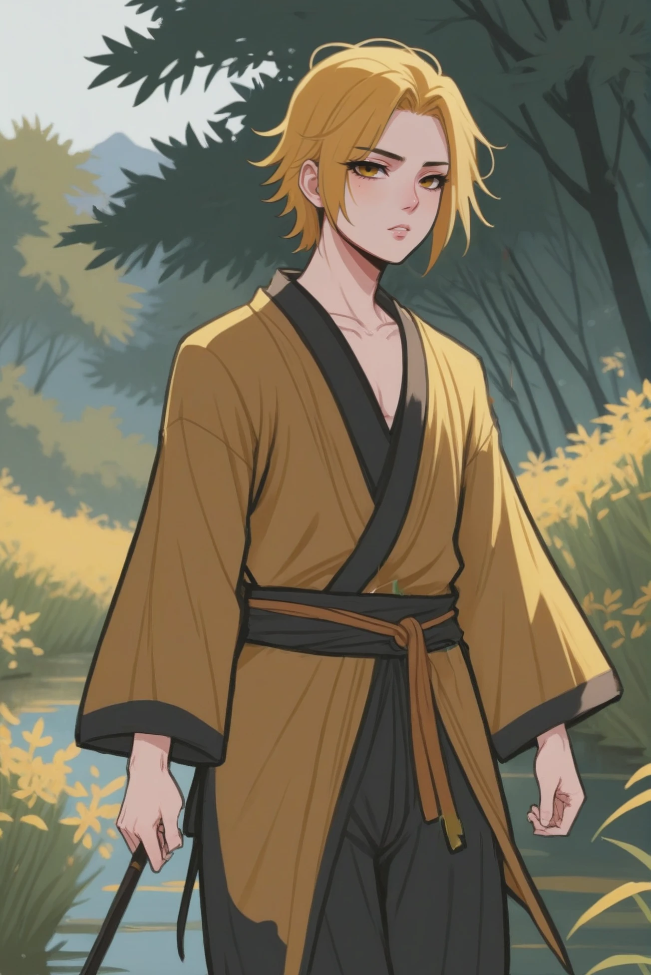 anime style, full body, character concept art, (full body:1.2), 1boy, man, solo, [:creative costume design,:0.2] warrior, darkgoldenrod yukata, japanese, deep palegoldenrod hair, (athletic:1.2) build, cozy,vertical fantasy hamlet in a Wraith Marshes<lora:EnvyStarlightBeauty09:1>